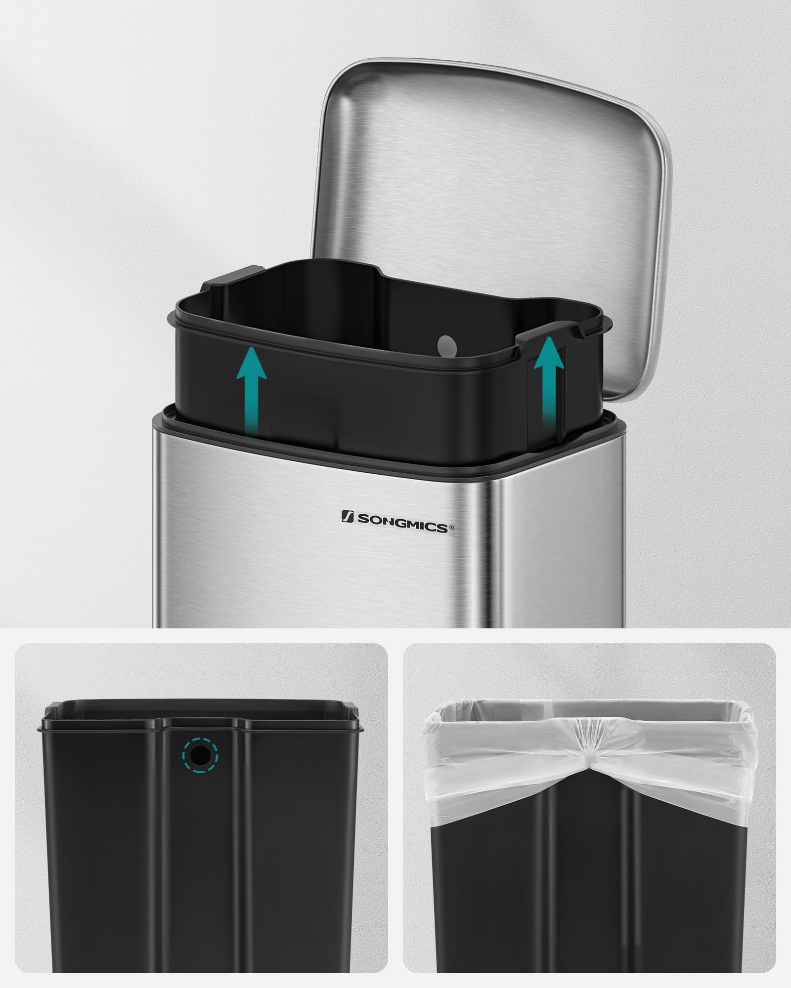 SONGMICS Kitchen Bin - 30L Capacity, Steel Pedal Bin with Soft Close Lid | Silver | LTB01L 6