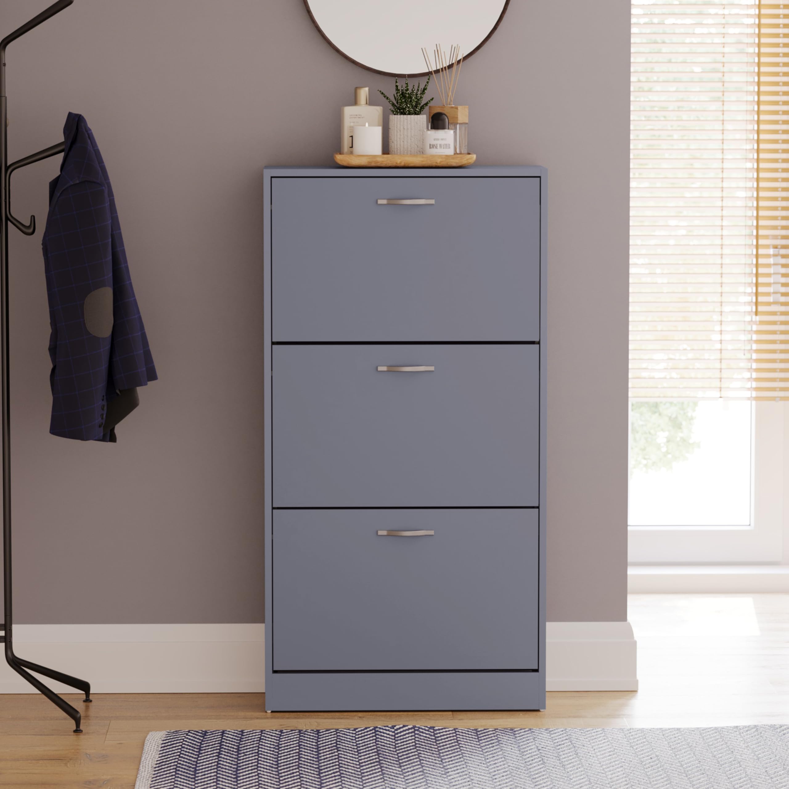 Vida Designs Wooden Shoe Cabinet - 3 Pull-Down Drawers | Slim Space-Saving Design | Grey 5