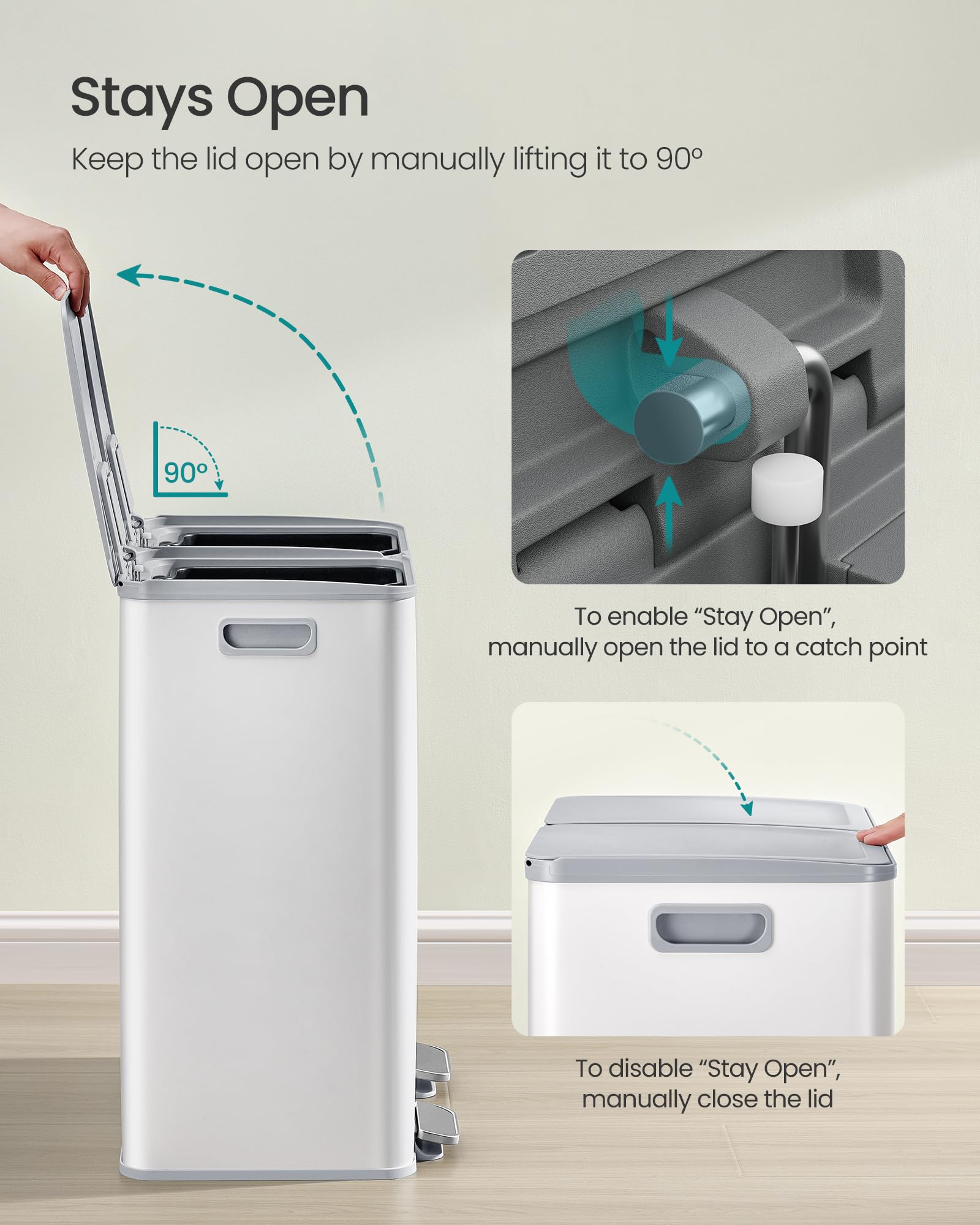 SONGMICS Kitchen Bin - Dual Compartment Pedal Trash Can | 2 x 30 L Capacity | Matte White Steel 5