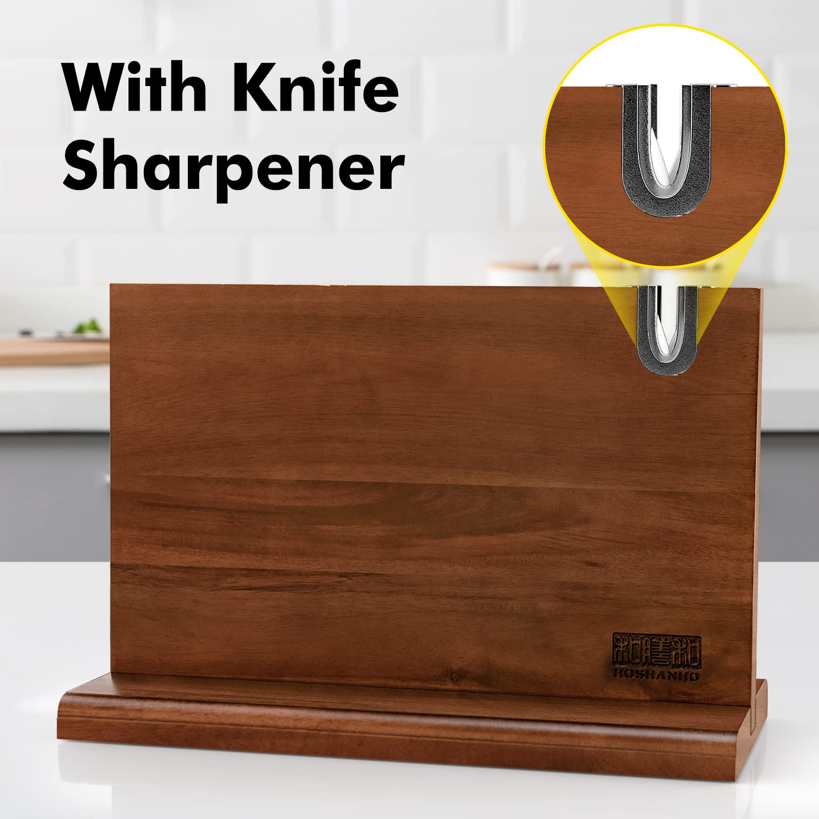 HOSHANHO Magnetic Knife Block - Double Sided, 14x10 Inches, Acacia Wood | Includes Whetstone 3