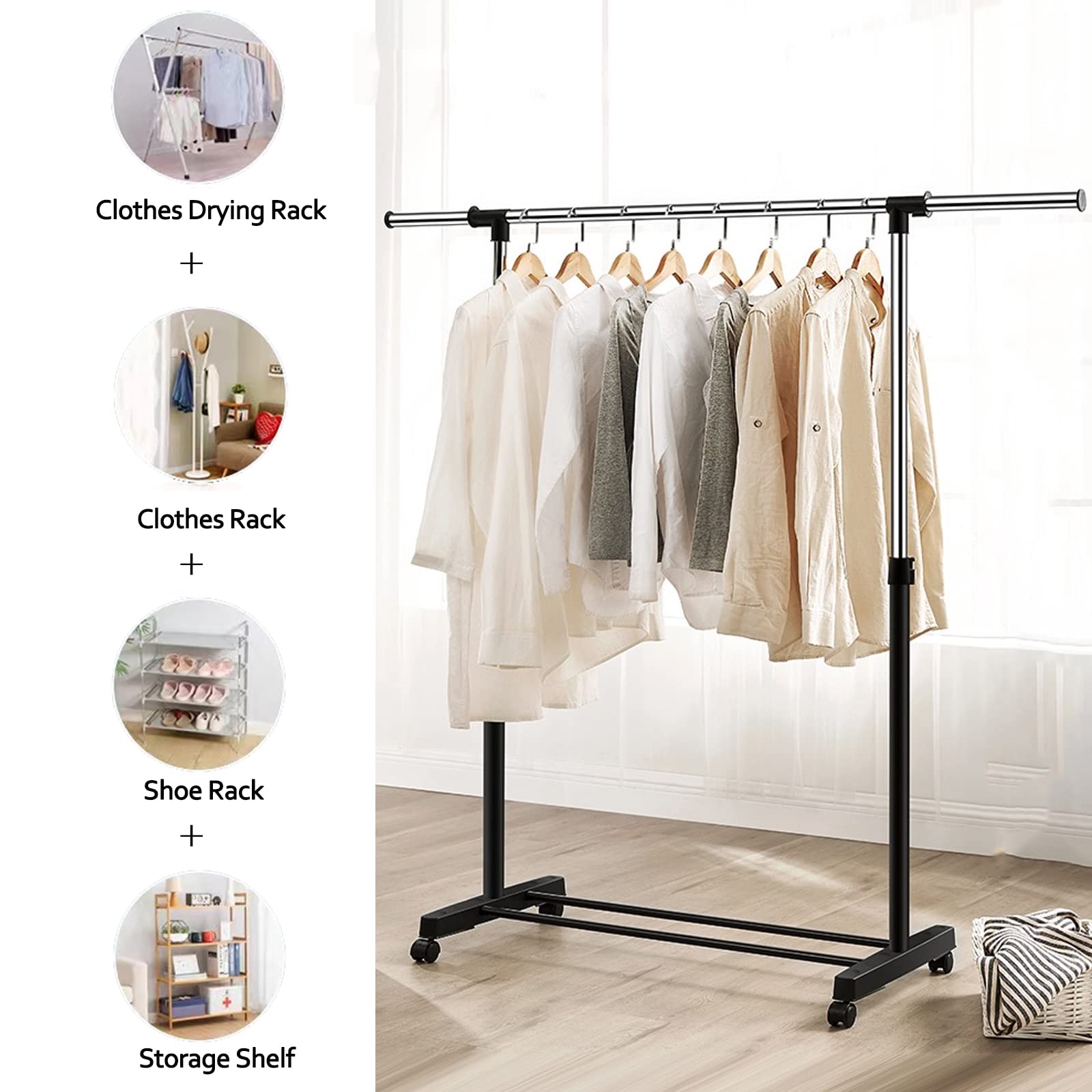Vivo Technologies Adjustable Mobile Clothes Rail - 80cm-150cm Width | Alloy Steel | Portable 3