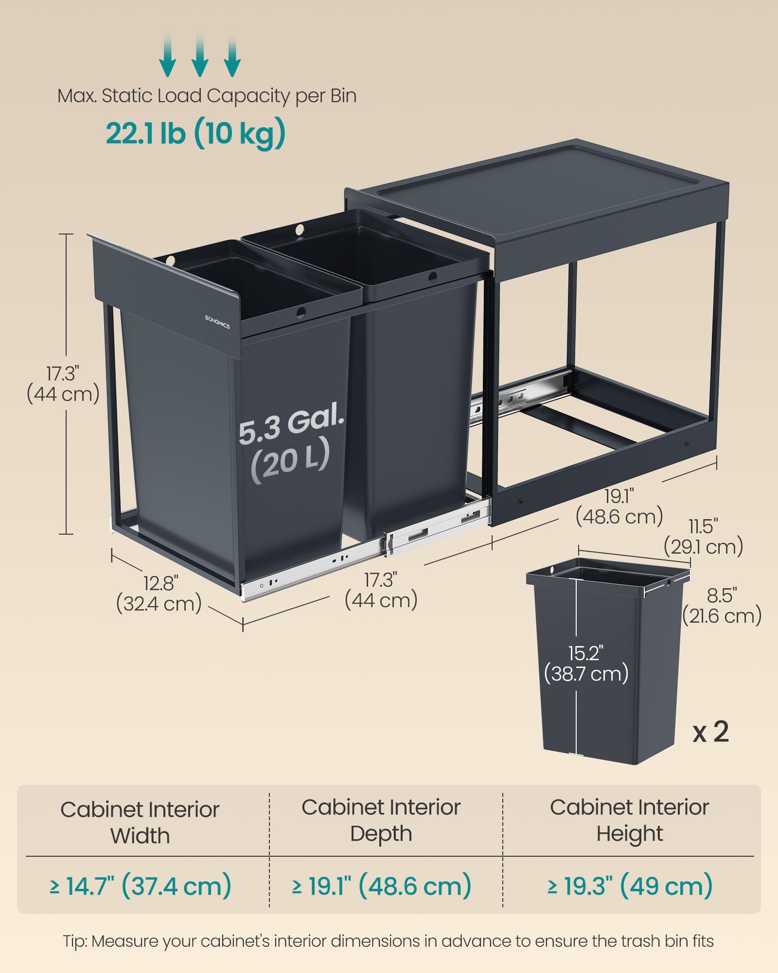 SONGMICS Built-in Kitchen Waste Separation System - 2 x 20L Bins | Grey | Alloy Steel Frame 4
