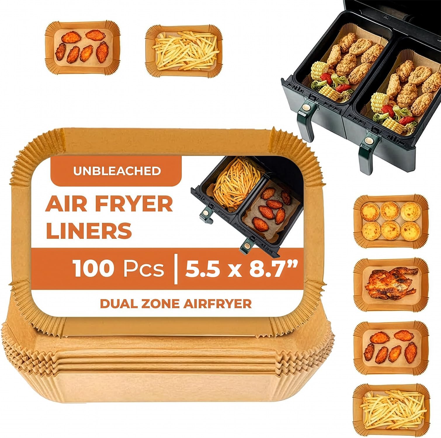 Roe Tenpo Air Fryer Liners - 100Pcs Disposable Non-Stick Parchment Paper for Dual Zone Fryers | 5.5 x 8.7 Inch 1