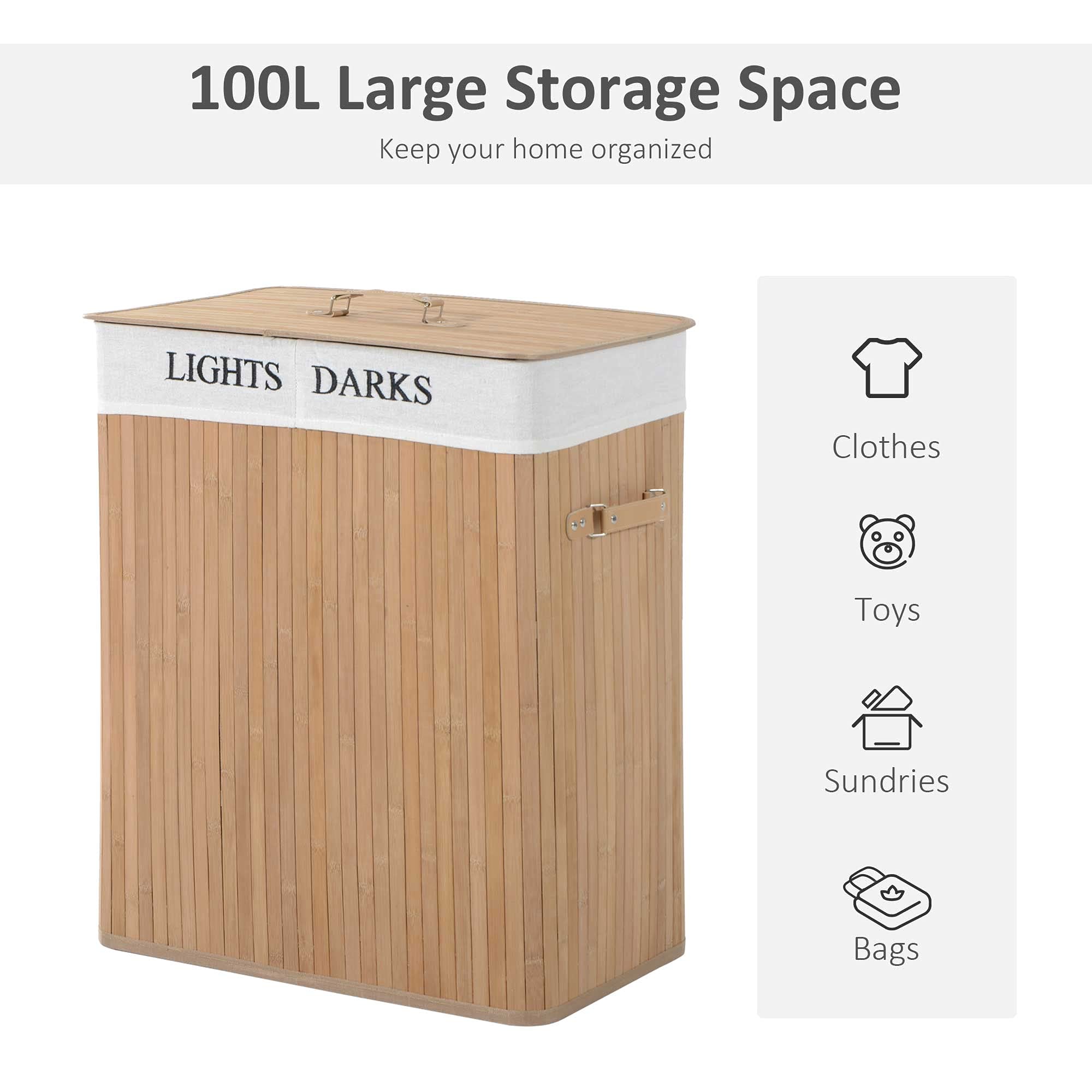 HOMCOM 100L Collapsible Natural Wood Laundry Hamper Organizer with Washable Liner | 52L x 32W x 63H cm 3