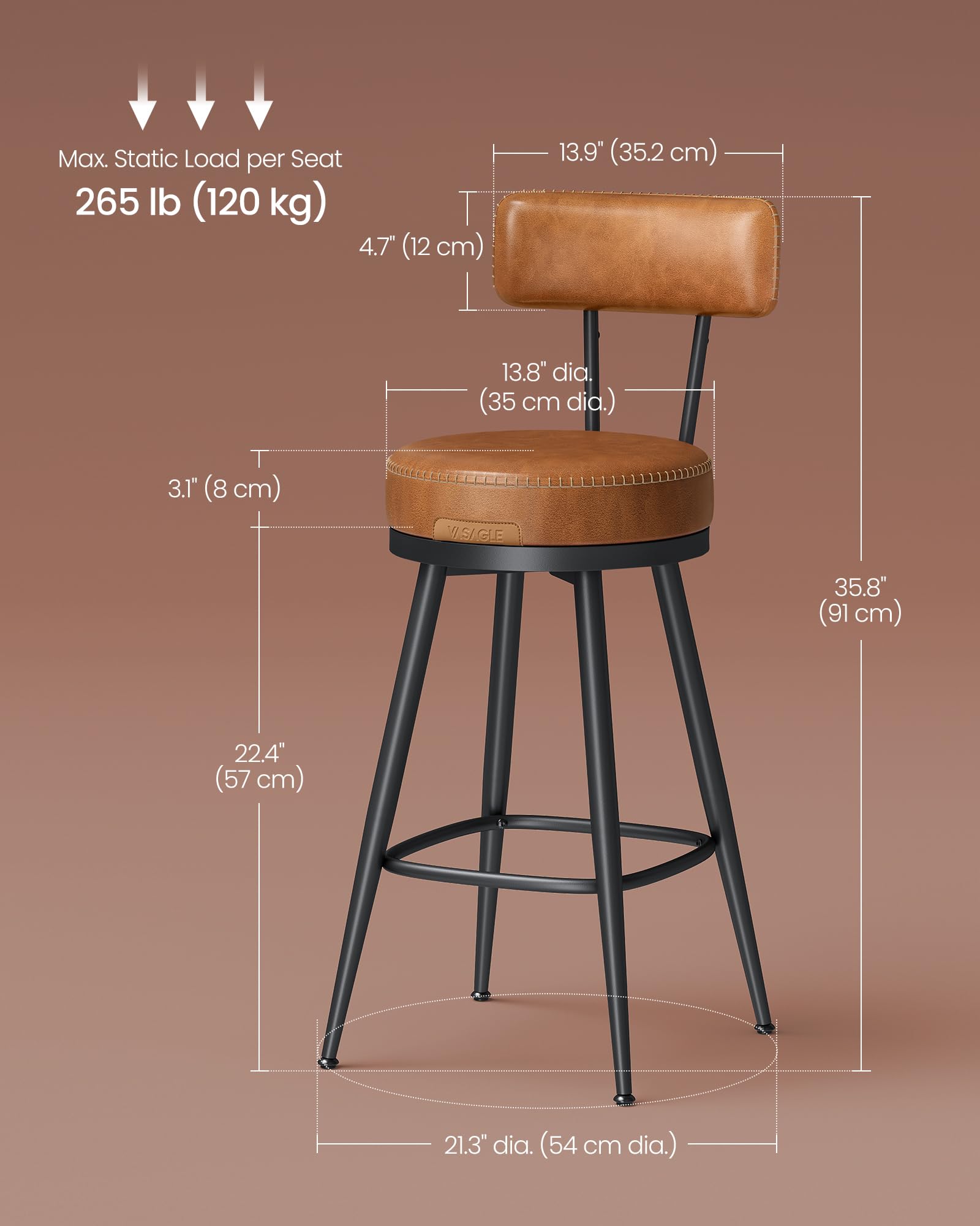 VASAGLE EKHO Collection Bar Stools - Set of 2 Swivel Counter Chairs | Caramel Brown | 54x54x91 cm 3