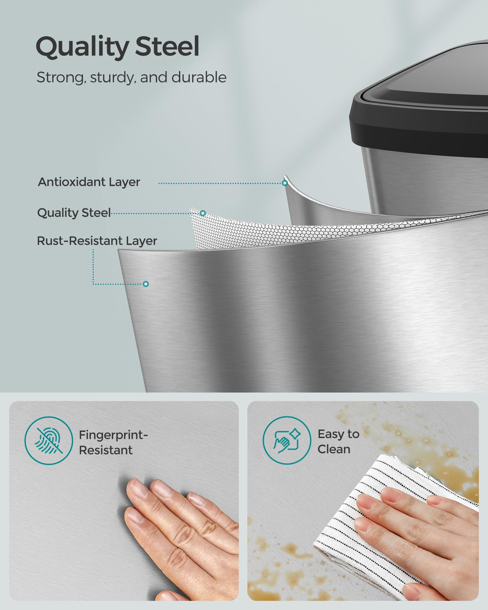 SONGMICS 50L Kitchen Bin - Metal Pedal Waste Bin | Fingerprint-Resistant | Silver + Black 8