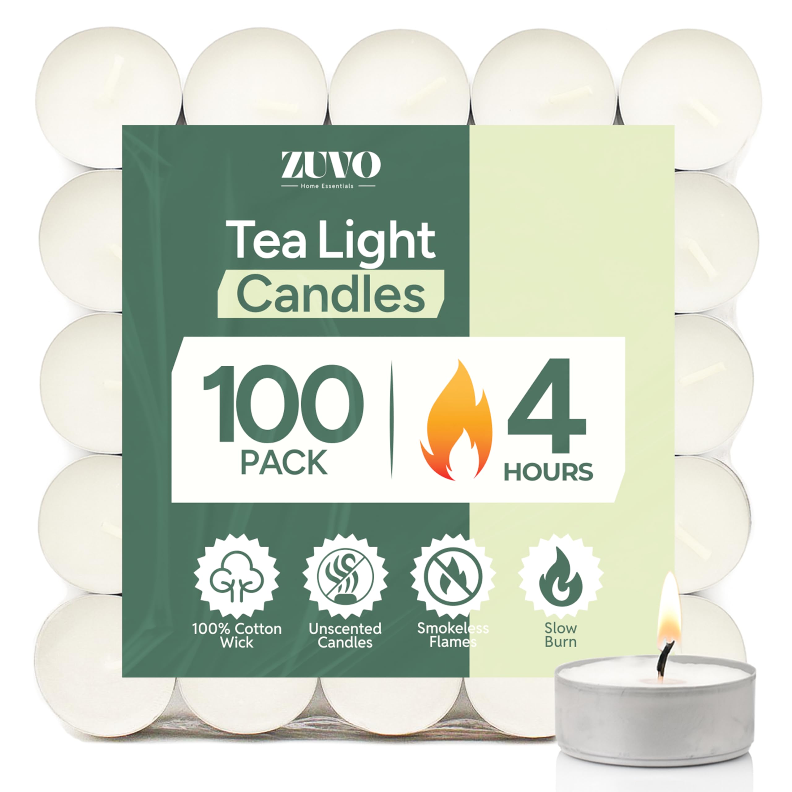 Zuvo Unscented Tea Light Candles - 4-Hour Burn Time | 100 Pack | Lead-Free Cotton Wicks
