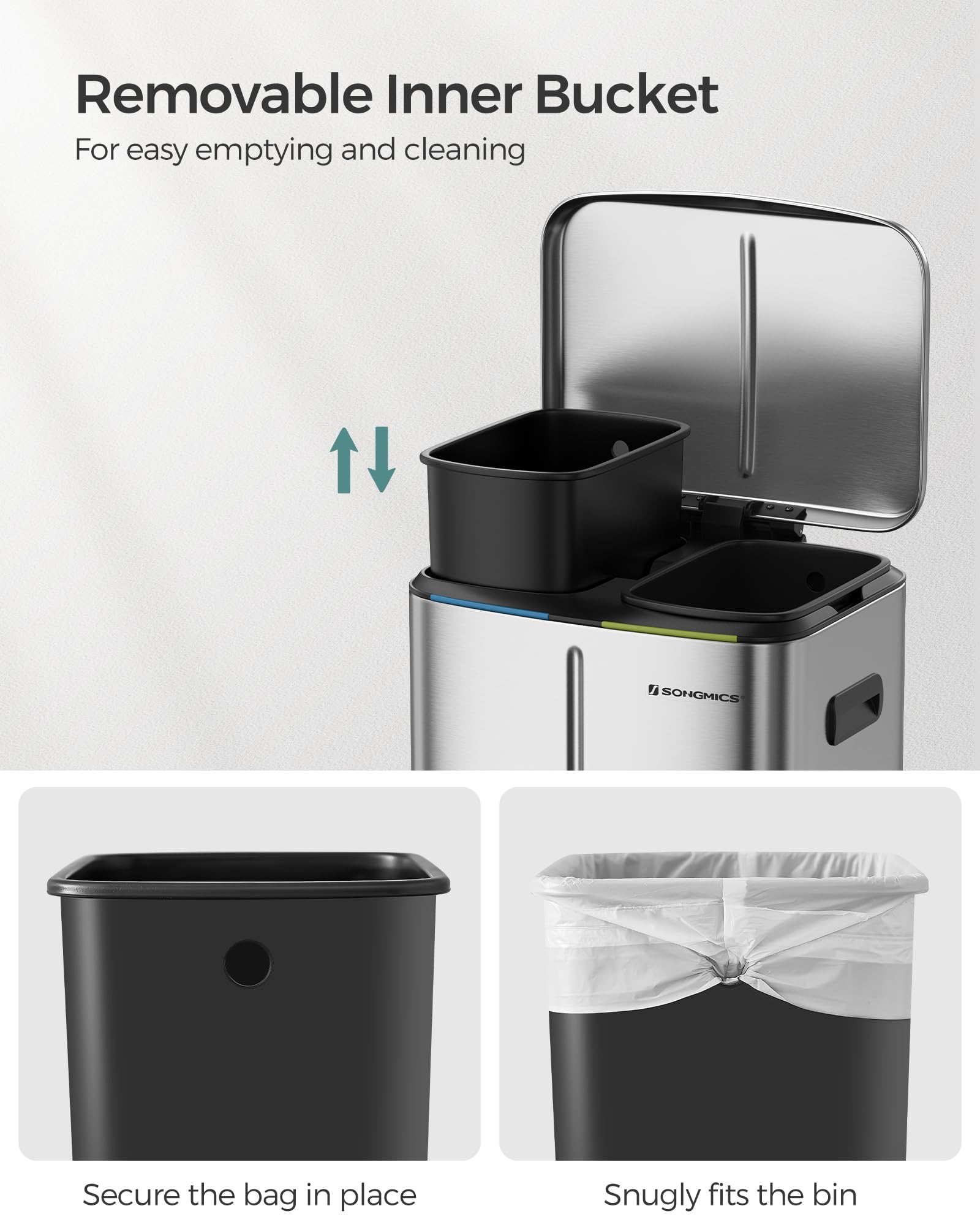 SONGMICS Double Rubbish Bin - 2 x 20L Dual Compartment Kitchen Waste Separation System | Metal Exterior 6