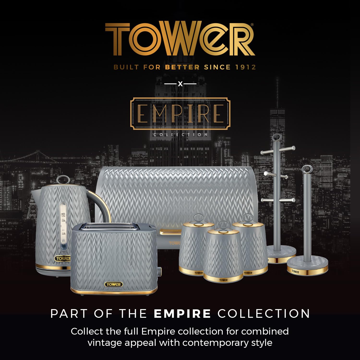 Tower Empire Set of 3 Storage Canisters for Tea Coffee Sugar | 1.3L Capacity | Grey and Brass 6