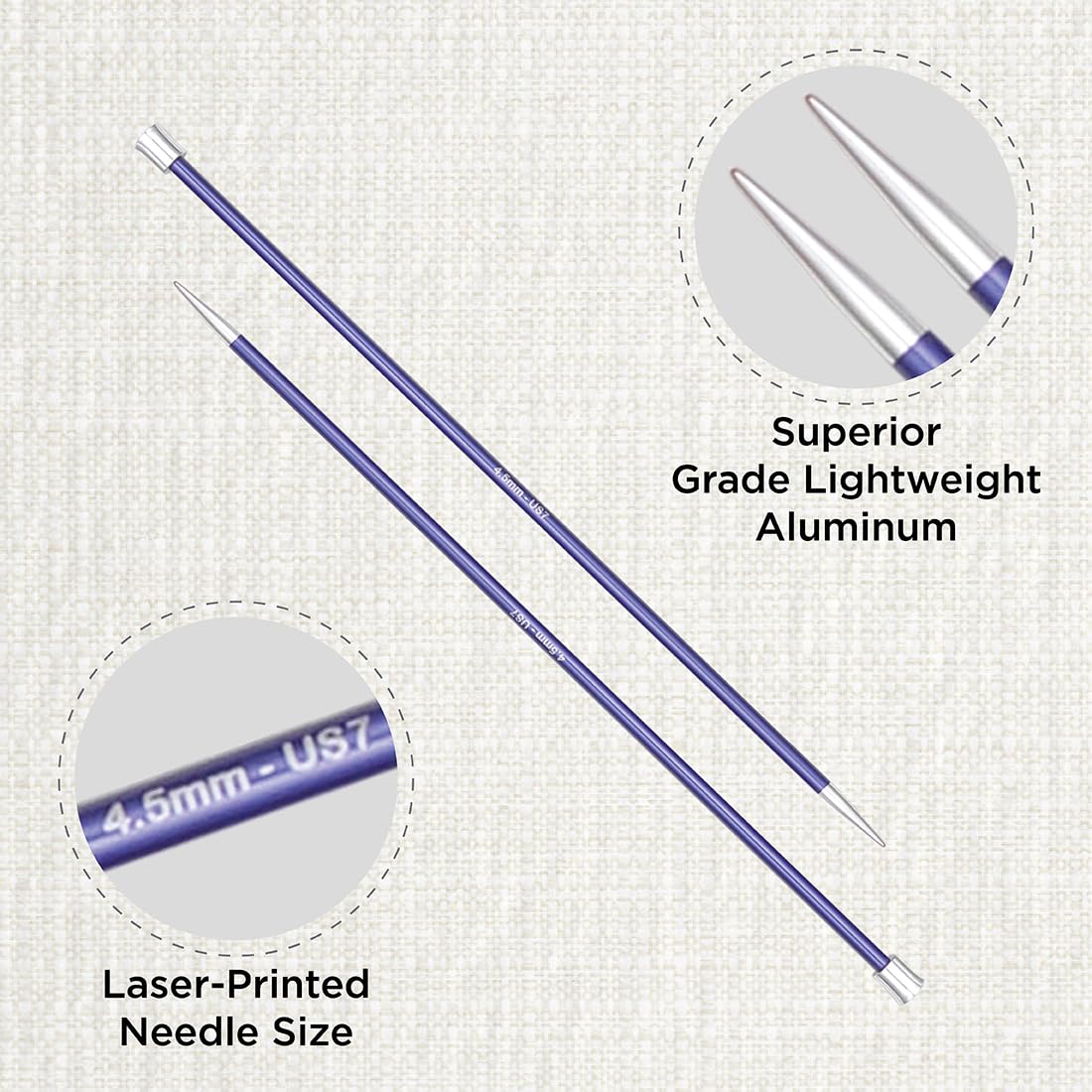 KnitPro Zing Single Pointed Knitting Needles - 4.50mm, 14' (35cm) | Lightweight Aluminium 2