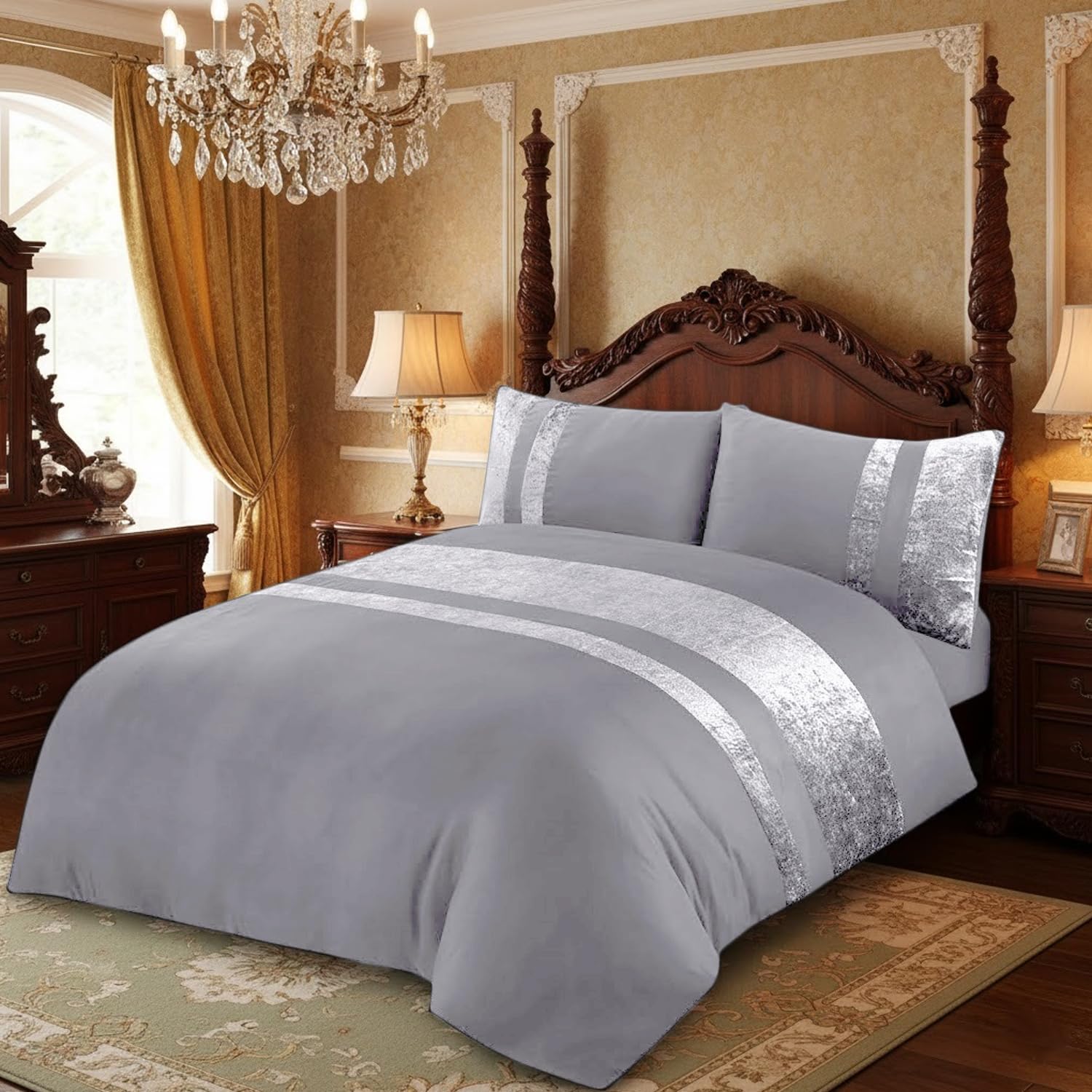 Casabella Luxury Crushed Velvet Panel Band Duvet Cover Set | King Size | Silver 6