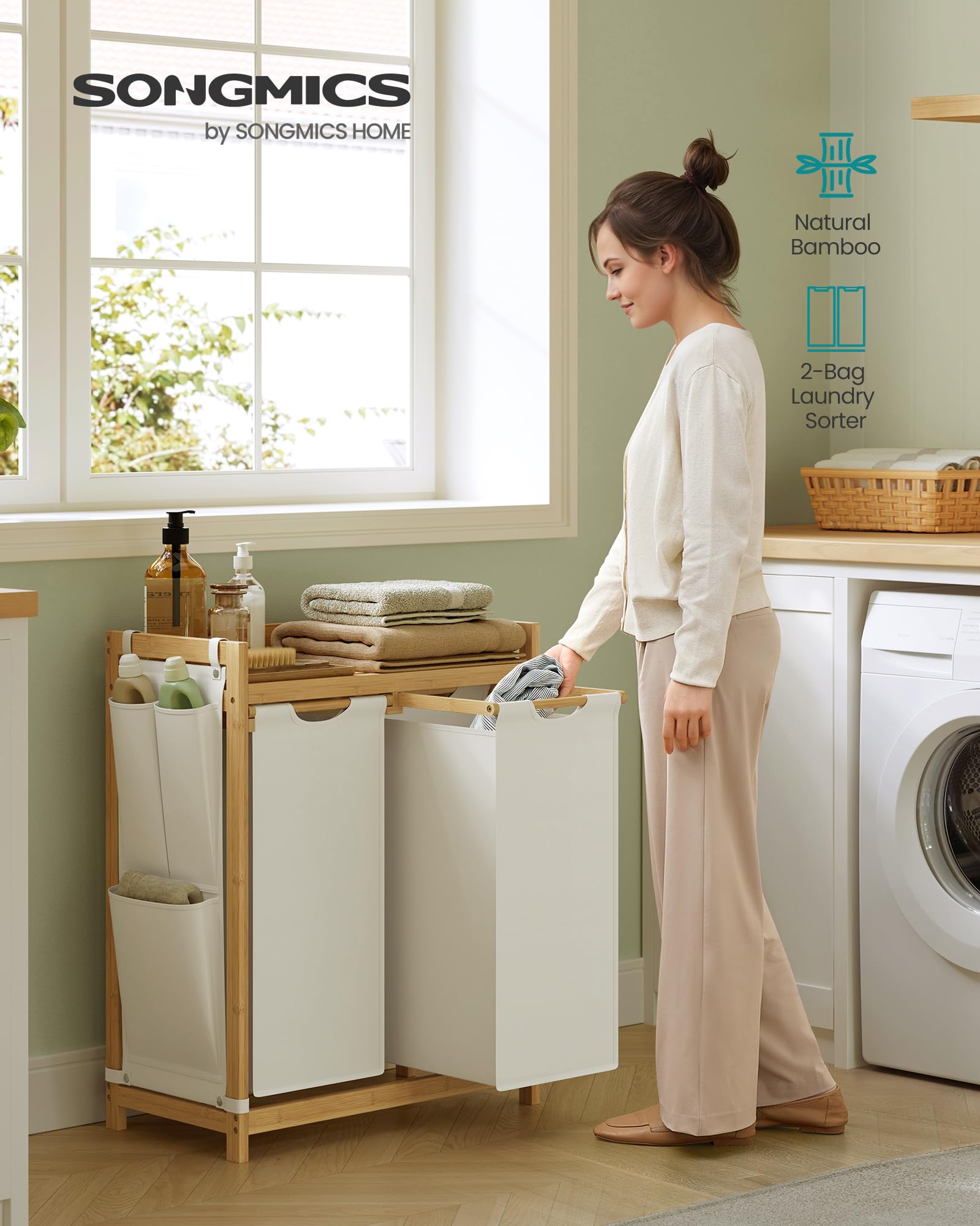 SONGMICS Bamboo Laundry Basket with 2 Compartments - 100 L Capacity | Cream White | RLH100W01 2