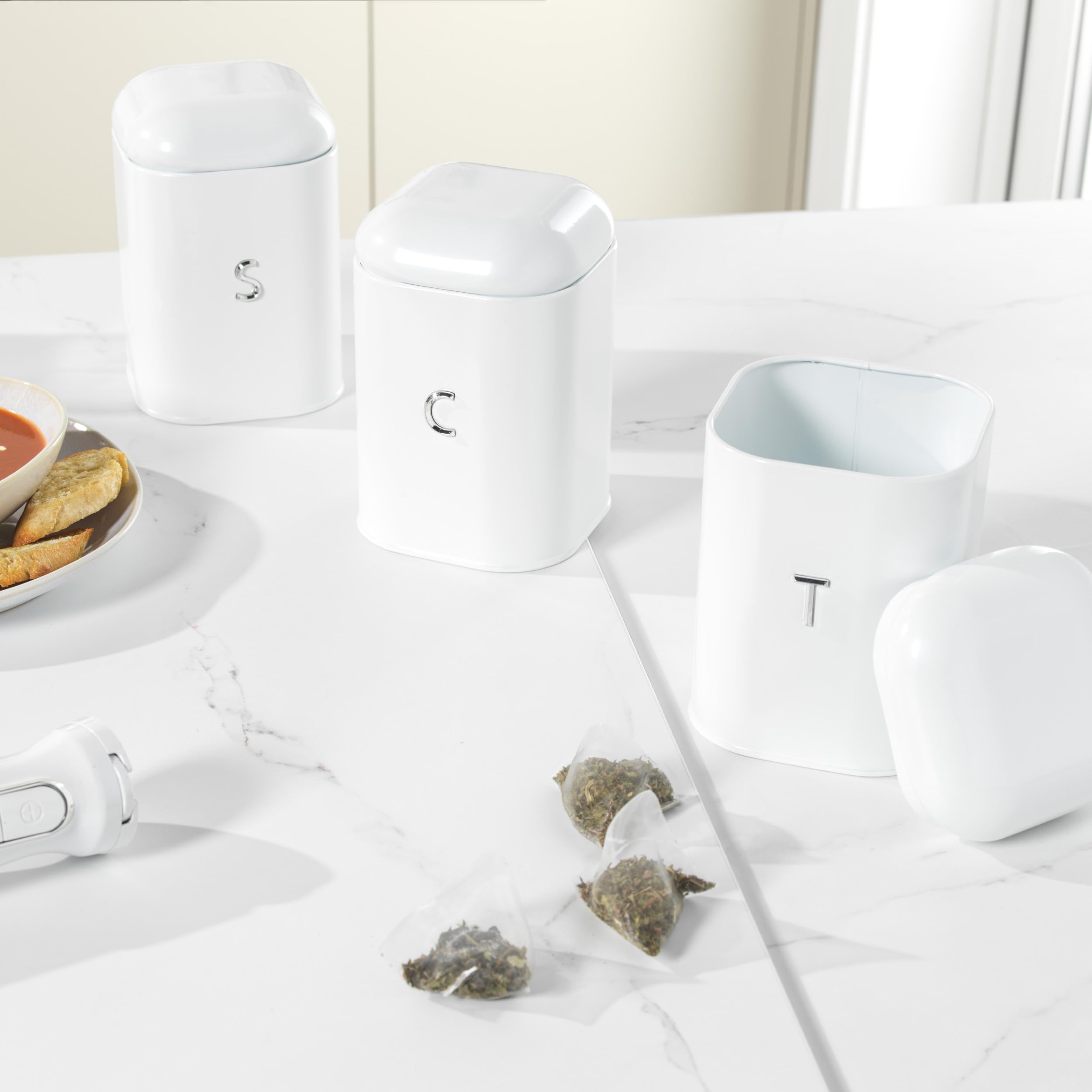 Salter Boston 3-Piece Canister Set - Carbon Steel Storage for Tea, Coffee, Sugar | White 7