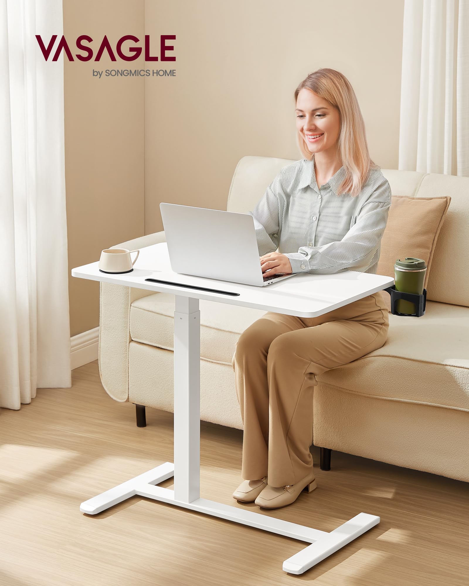 VASAGLE Overbed Table with Wheels - Adjustable Height 65-102 cm | 80 x 45 cm Top | White Engineered Wood 3