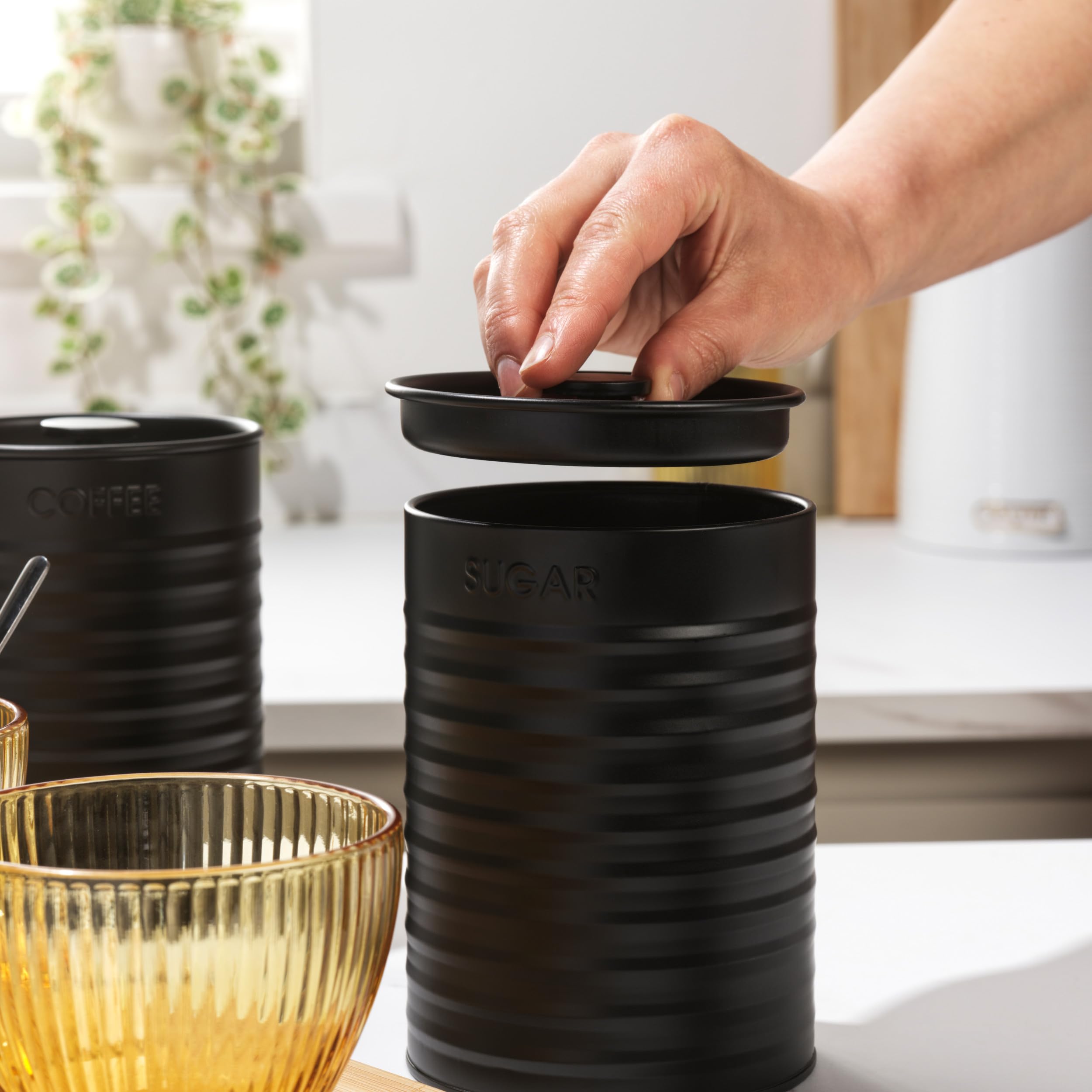 Russell Hobbs Ribbed 3-Piece Canister Set - Black | Powder-Coated Steel | Air Tight Storage 6