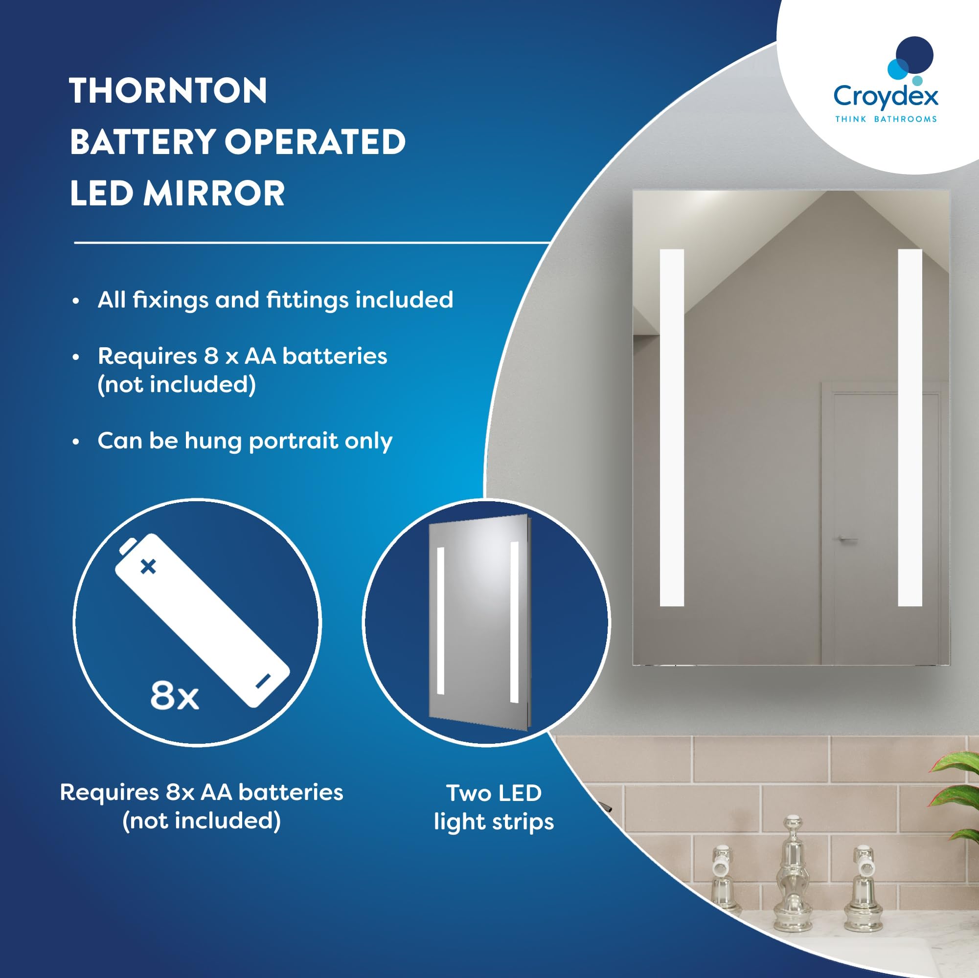 Croydex Thornton Bathroom Mirror with LED Lights - Battery Operated | 60x40cm | Easy Install 5