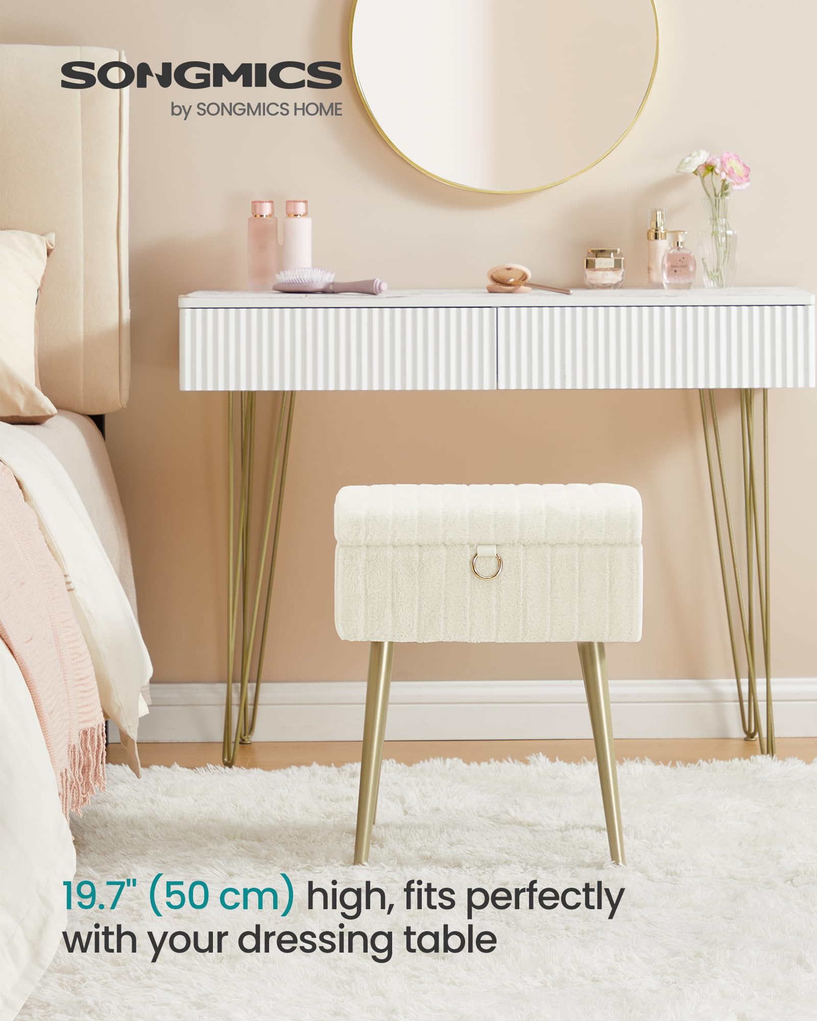 SONGMICS Vanity Stool with Storage - Cream White | 30x40x50 cm | Supports 200 kg 3