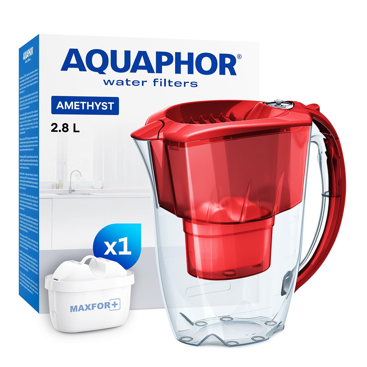 AQUAPHOR Amethyst Water Filter Jug - 2.8L Capacity | Includes 1x MAXFOR+ Cartridge | Red 1