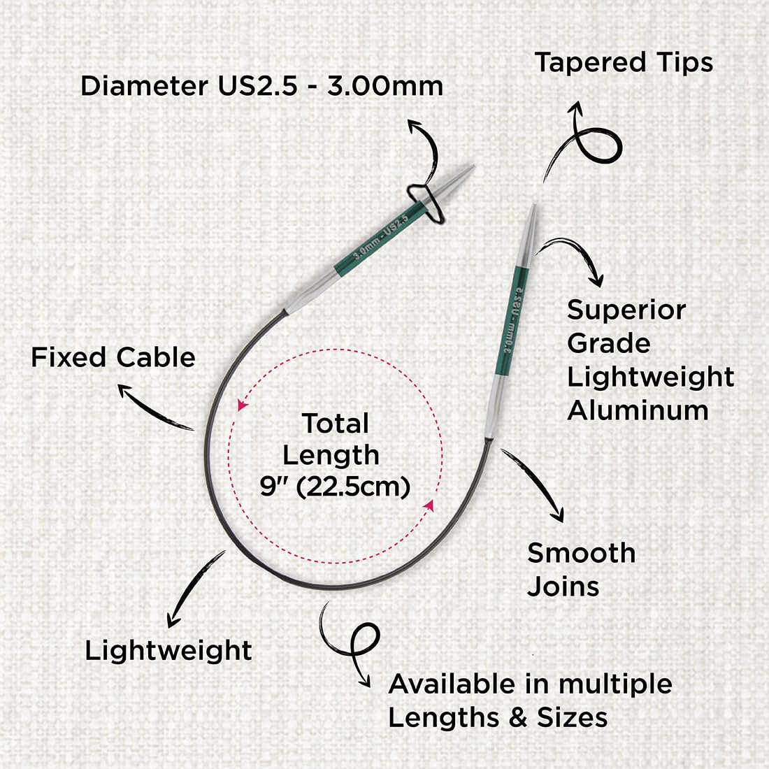 KnitPro Zing Fixed Circular Knitting Needles - 3.00mm | 22.5cm Length | Lightweight Aluminium 3