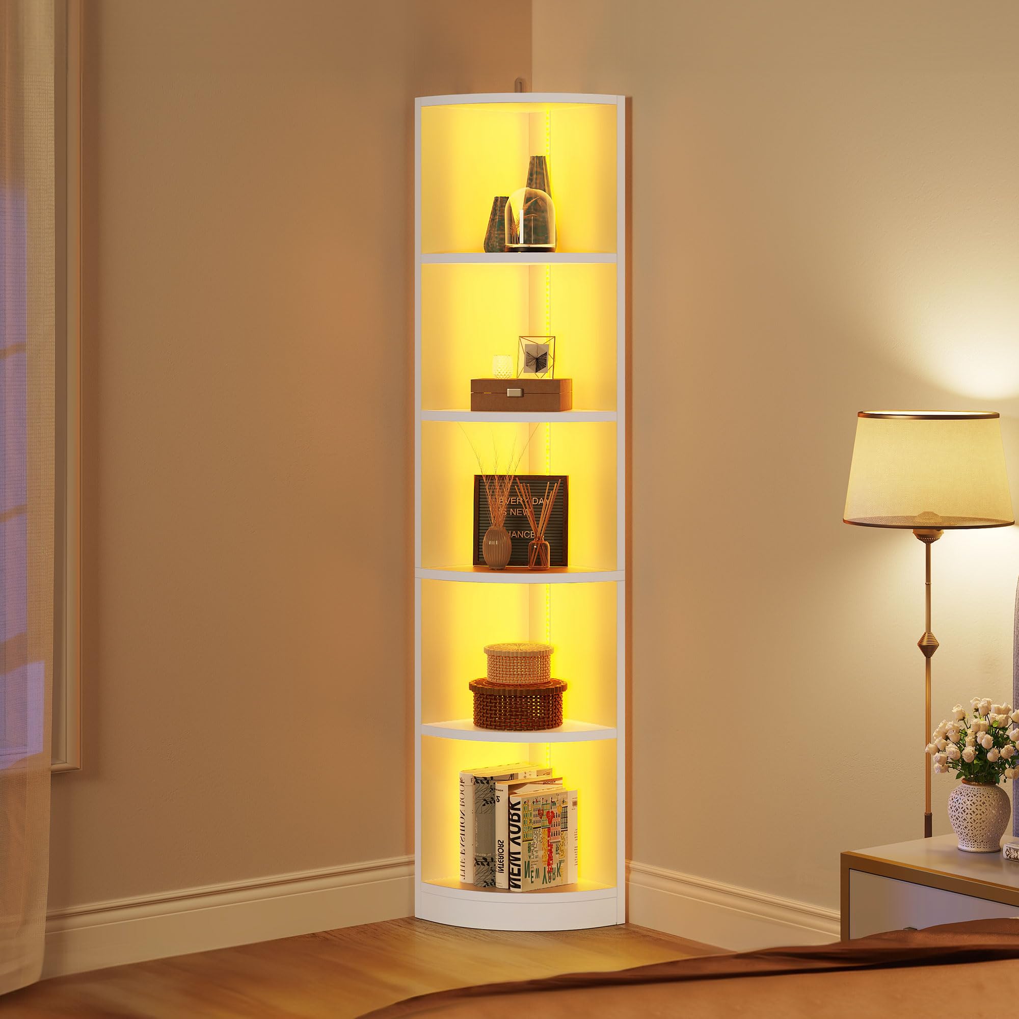YITAHOME 5 Tier Corner Bookshelf with Voice-Activated LED Lighting | Engineered Wood | White 8