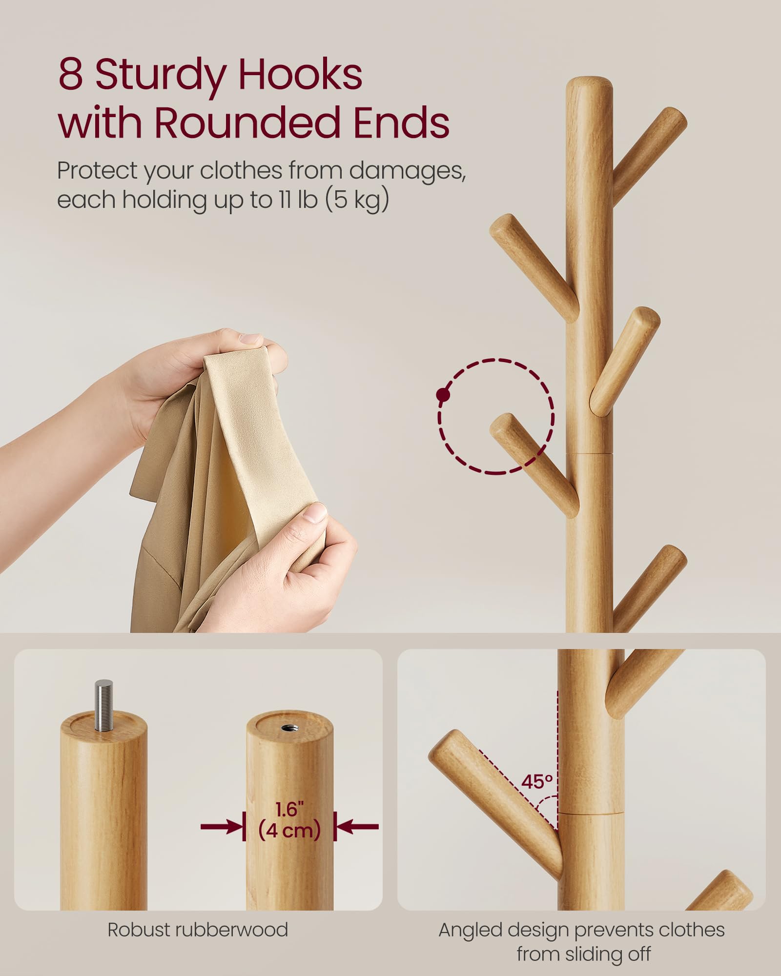 VASAGLE Solid Wood Coat Rack - Freestanding Hall Tree | 40Dia x 171.8H cm | 40 kg Capacity 4