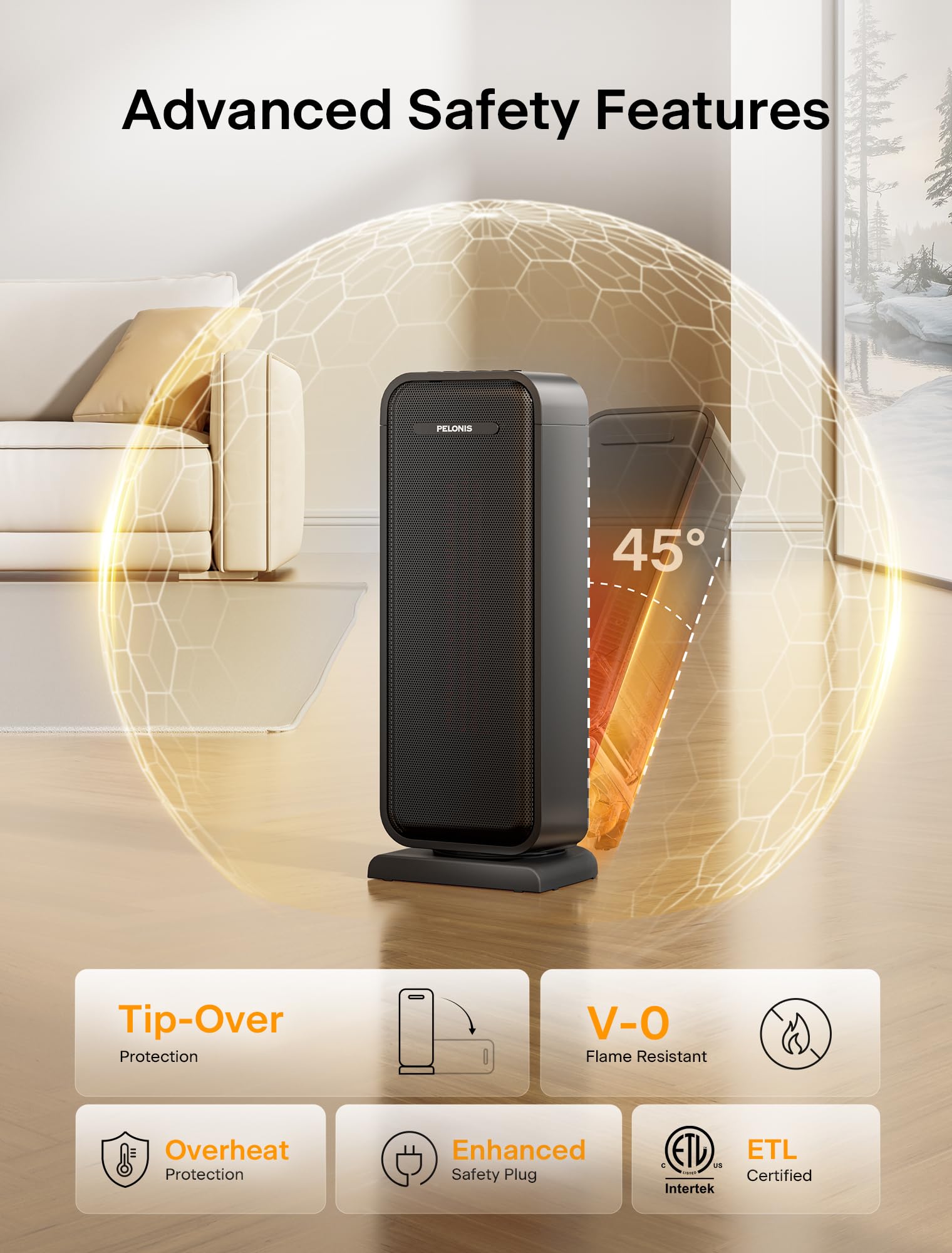 Pelonis Electric Heater - 2000W PTC Ceramic, Digital Thermostat, 12H Timer, 90° Oscillation | Black 5