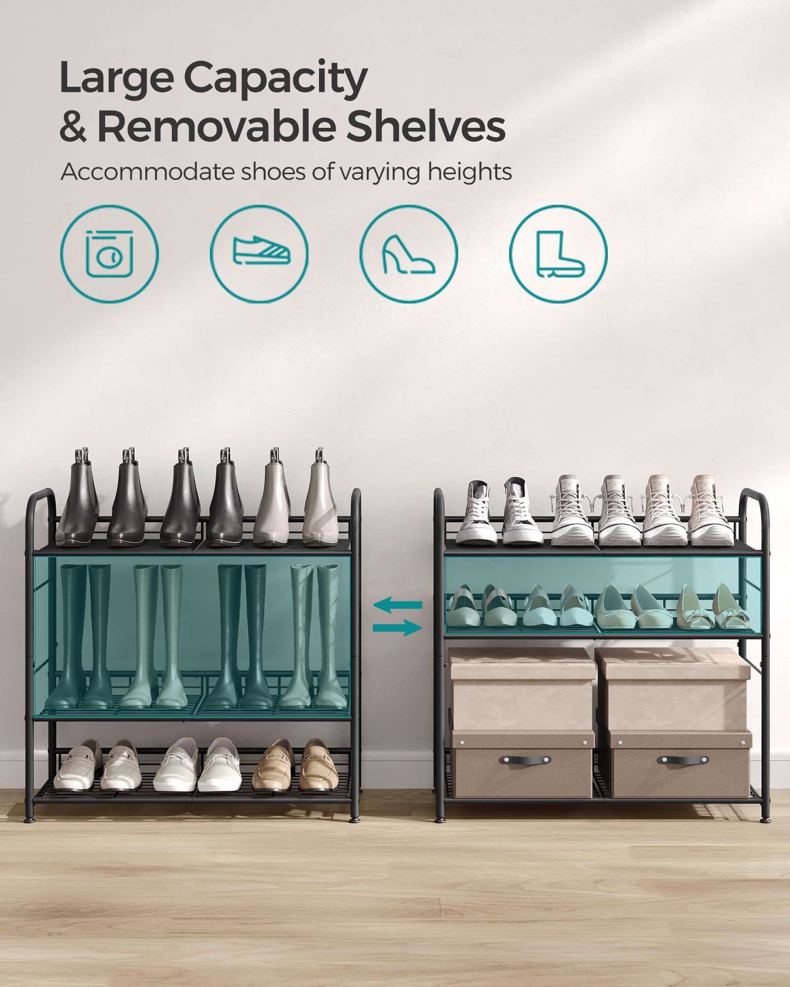 SONGMICS 4 Tier Stackable Shoe Rack - Metal Frame, Holds Up to 16 Pairs | Black 6