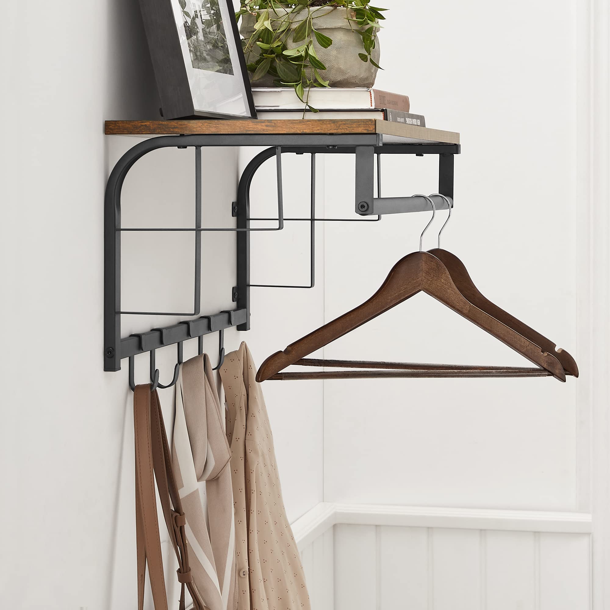 VASAGLE Wall Coat Rack with Shelf, Rod, and 5 Hooks | Rustic Brown + Black | 15kg Shelf Capacity 5