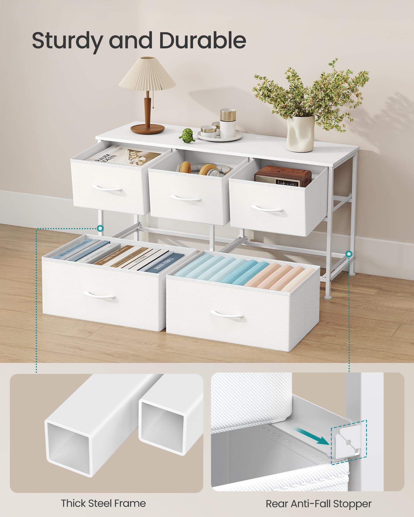 SONGMICS Chest of Drawers - 5 Storage Drawers | Steel Frame | Cloud White + Snow White 6