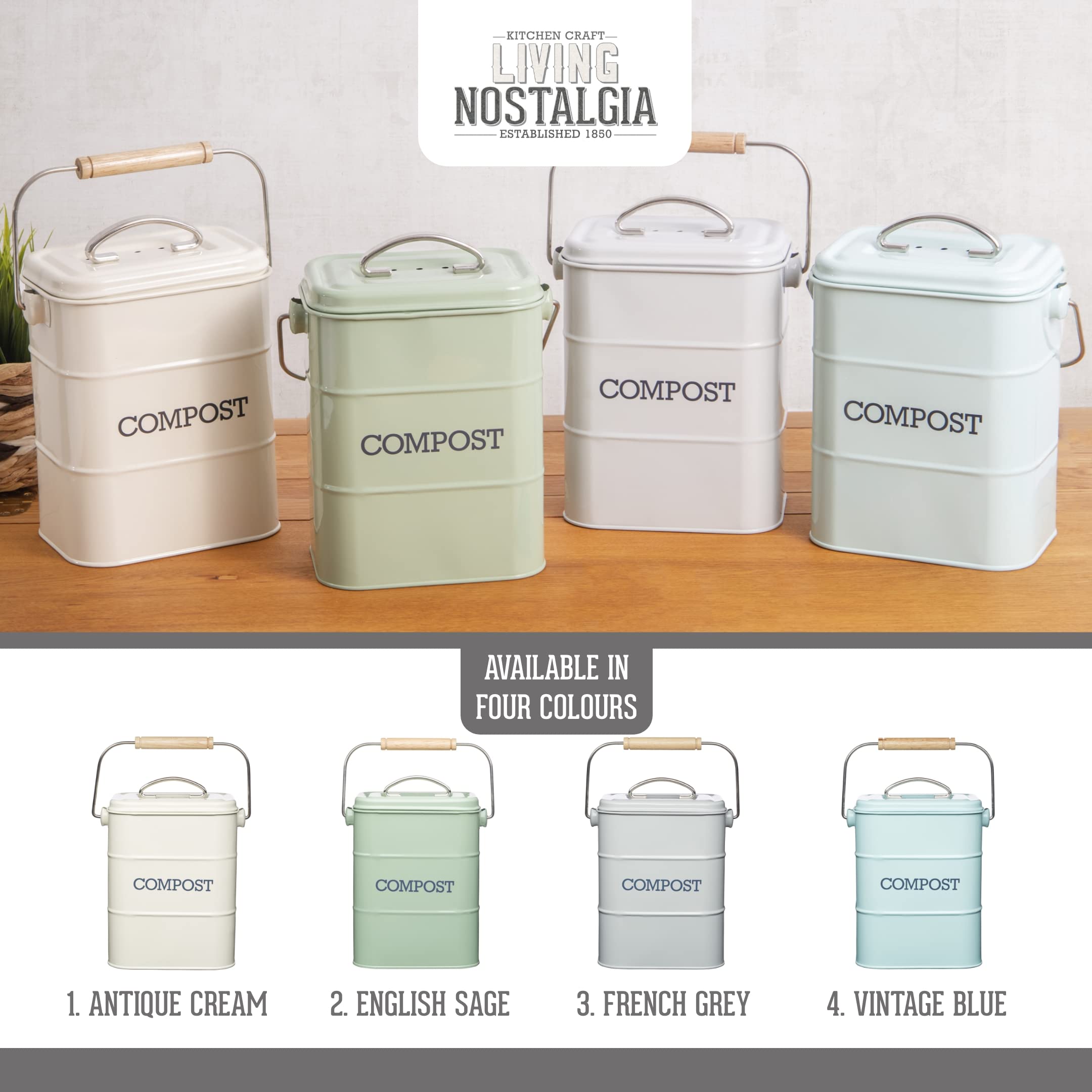 KitchenCraft Living Nostalgia Compost Bin - 3L Capacity | Carbon Steel | Duck Egg Blue 6