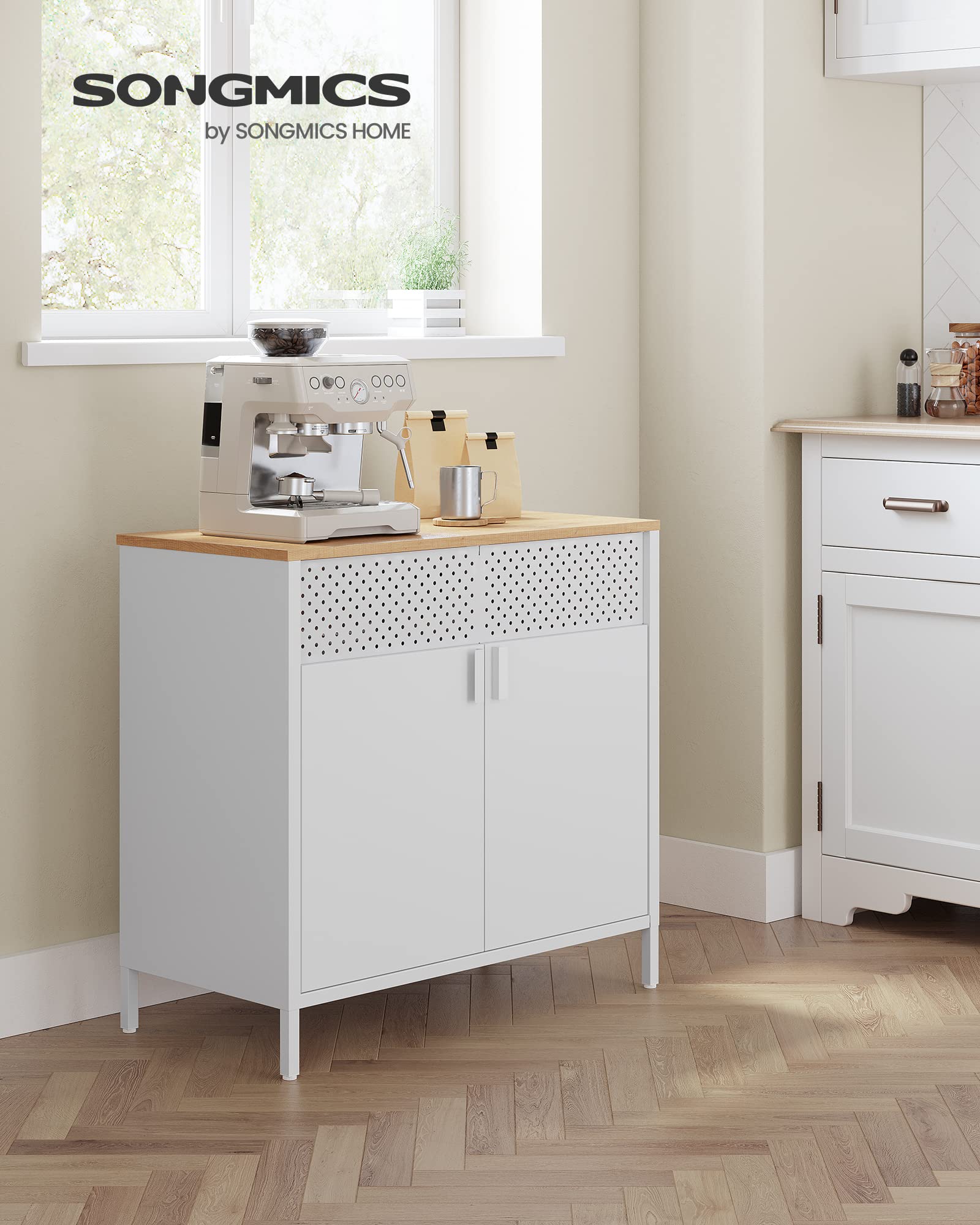 SONGMICS Metal Storage Cabinet with Double Doors | 80W cm Capacity | Natural + White