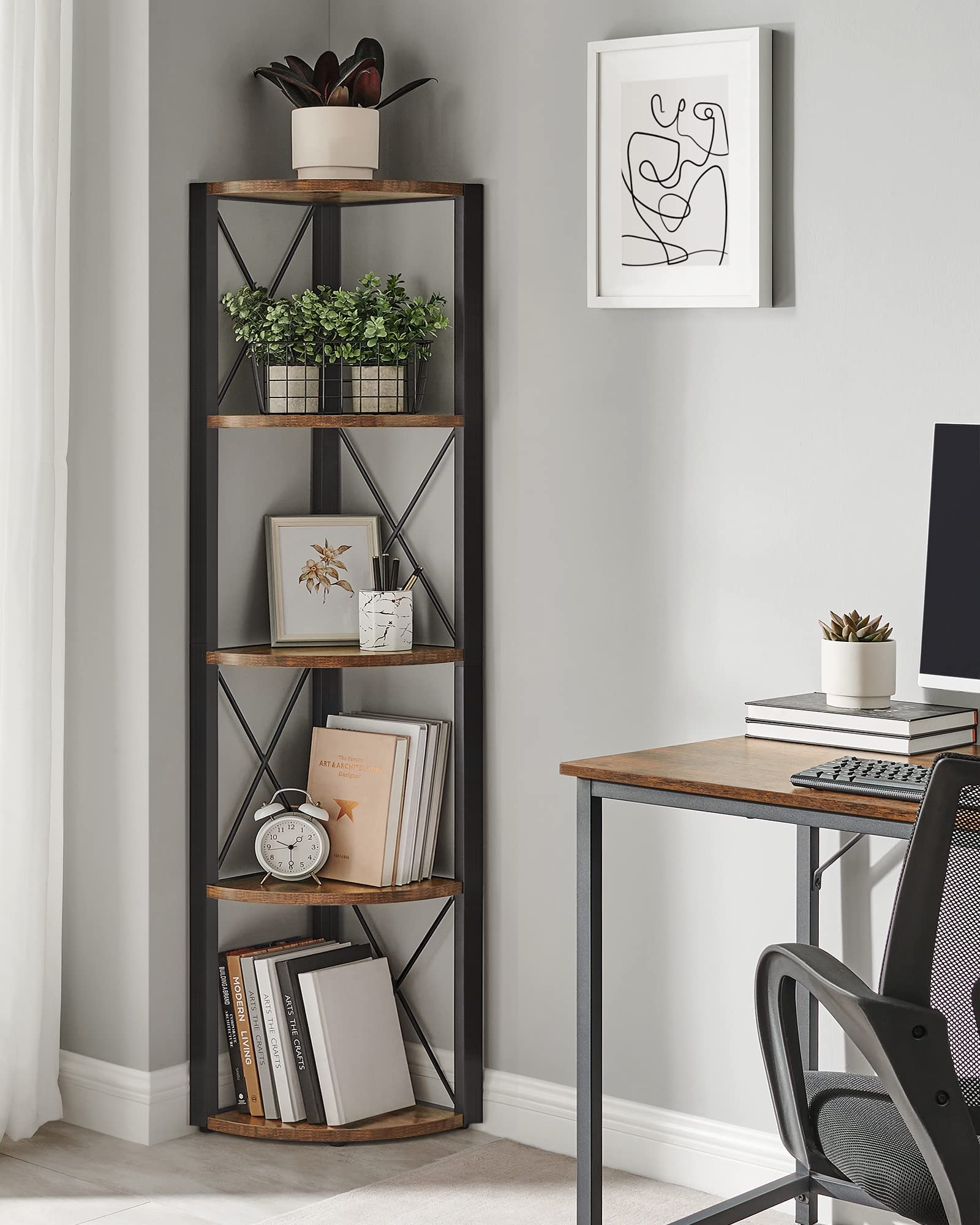 VASAGLE 5-Tier Corner Shelf - Space Saving Storage | Rustic Brown & Black | 11.3kg Load Capacity 4