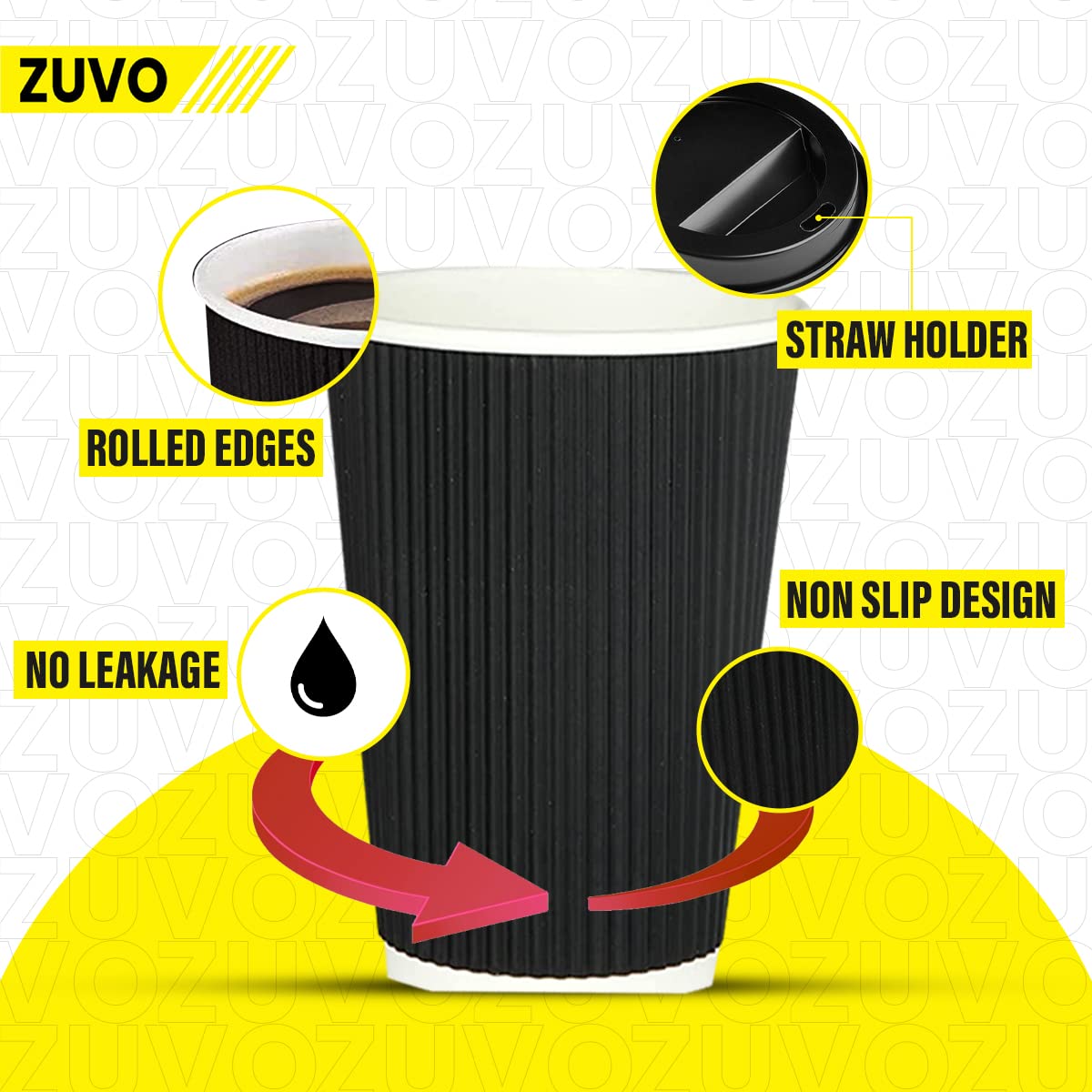 Zuvo Triple Wall Insulated Coffee Cups with Lids - 50 Pack, 12 Oz, Black Kraft Paper 4