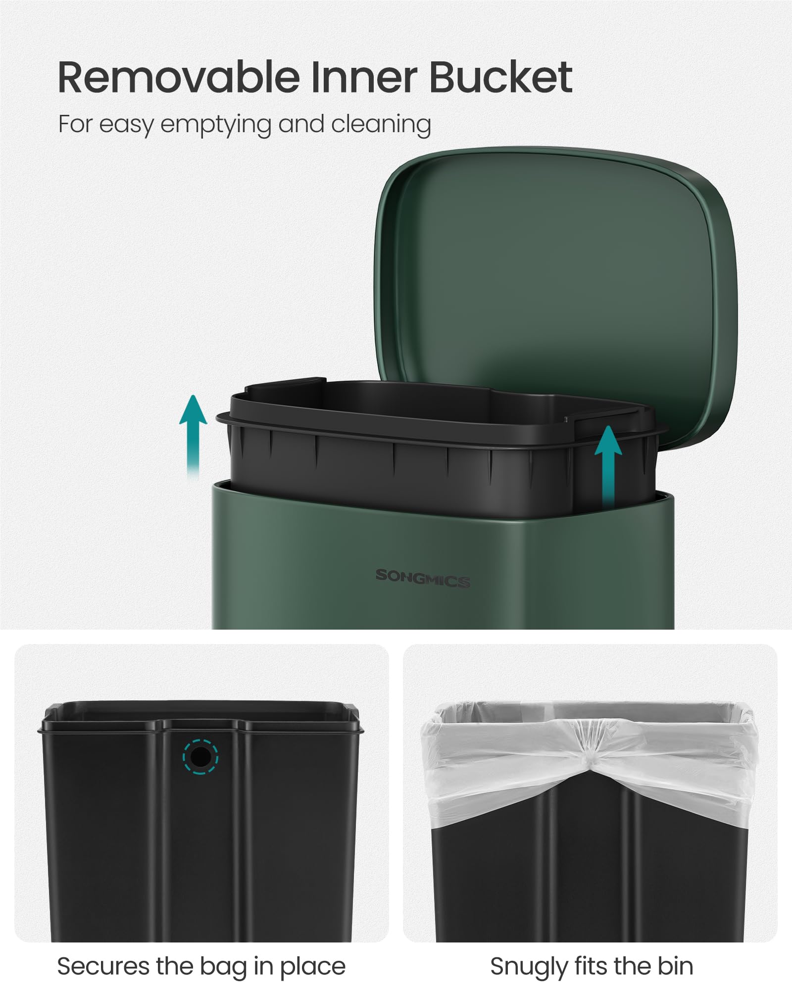 SONGMICS Kitchen Bin - 30L Pedal Rubbish Bin | Soft Close | Retro Green Steel | Inner Bucket 5