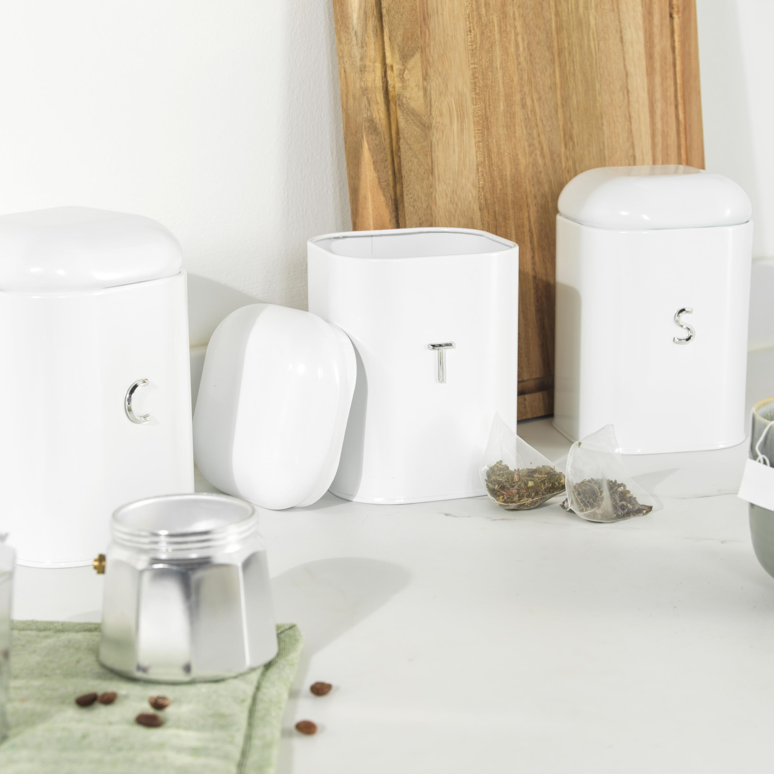 Salter Boston 3-Piece Canister Set - Carbon Steel Storage for Tea, Coffee, Sugar | White 5