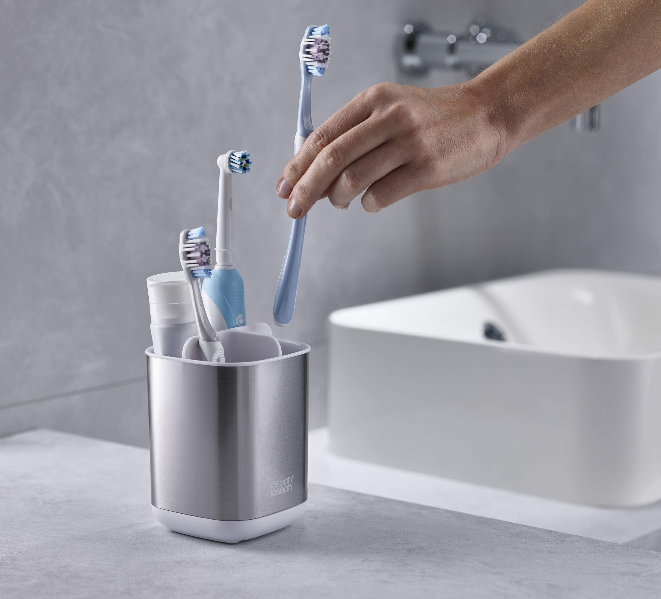 Joseph Joseph Easy-Store Compact Toothbrush Holder Caddy - White/Steel | Ventilated | Non-Slip 6