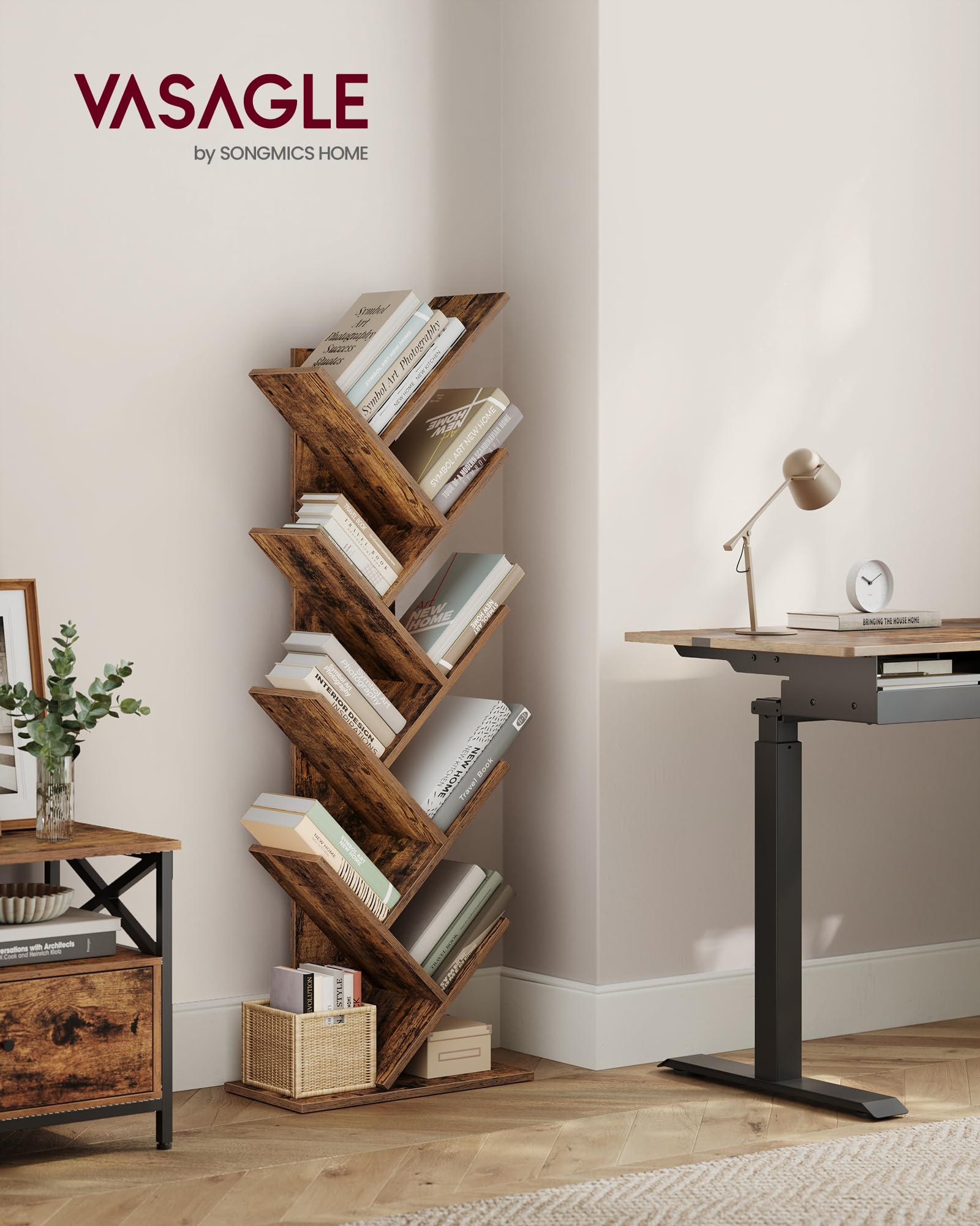 VASAGLE Tree Bookshelf - 9-Tier Corner Storage | Rustic Brown | Space-Saving Design