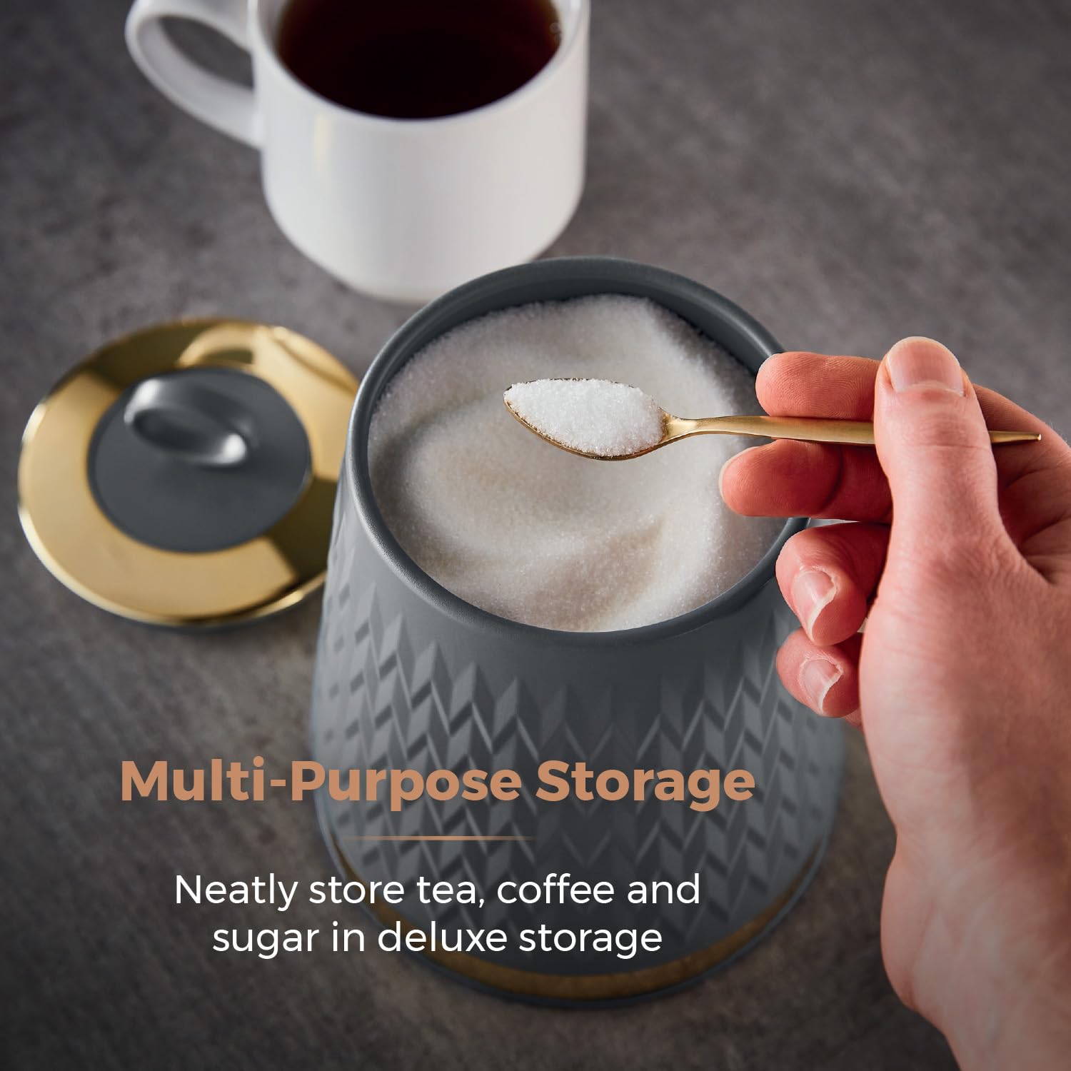 Tower Empire Set of 3 Storage Canisters for Tea Coffee Sugar | 1.3L Capacity | Grey and Brass 3