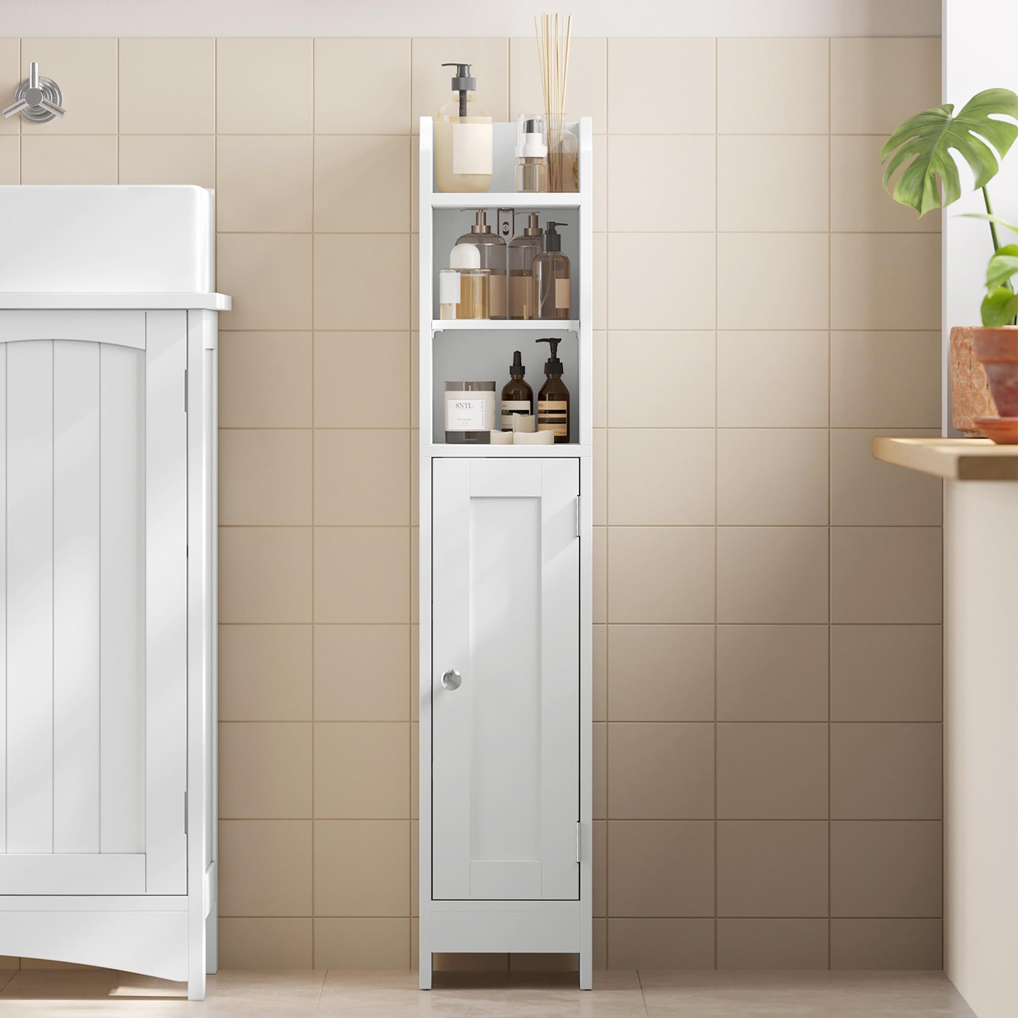 VASAGLE Slim Bathroom Floor Storage Cabinet - 92H cm Tall, Adjustable Shelves, Cloud White 1