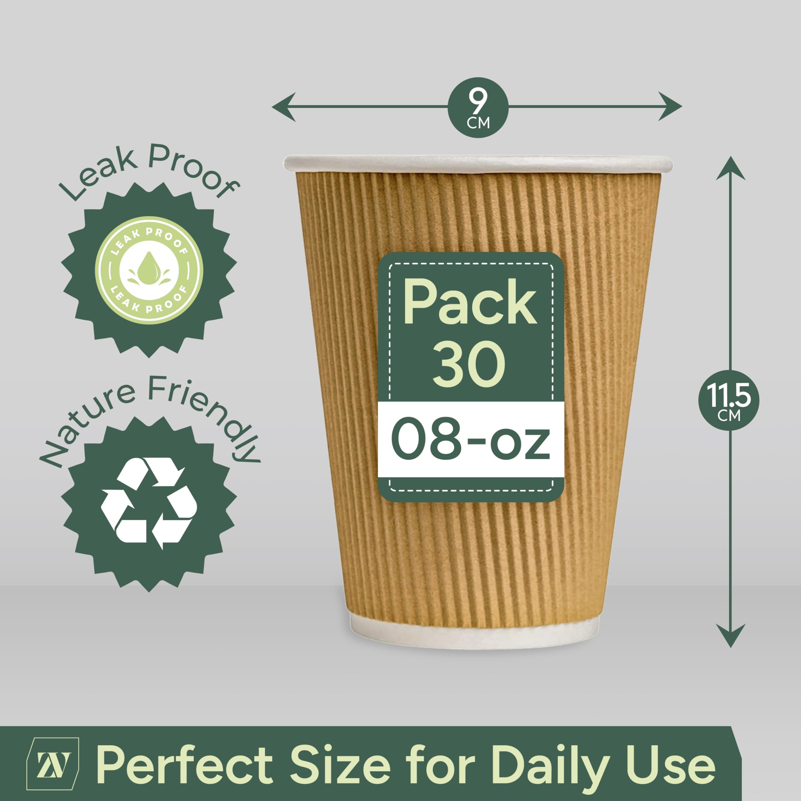 Zuvo Ripple Takeaway Paper Coffee Cups - Heavy-Duty, Double-Walled | 30 Count, 8 OZ