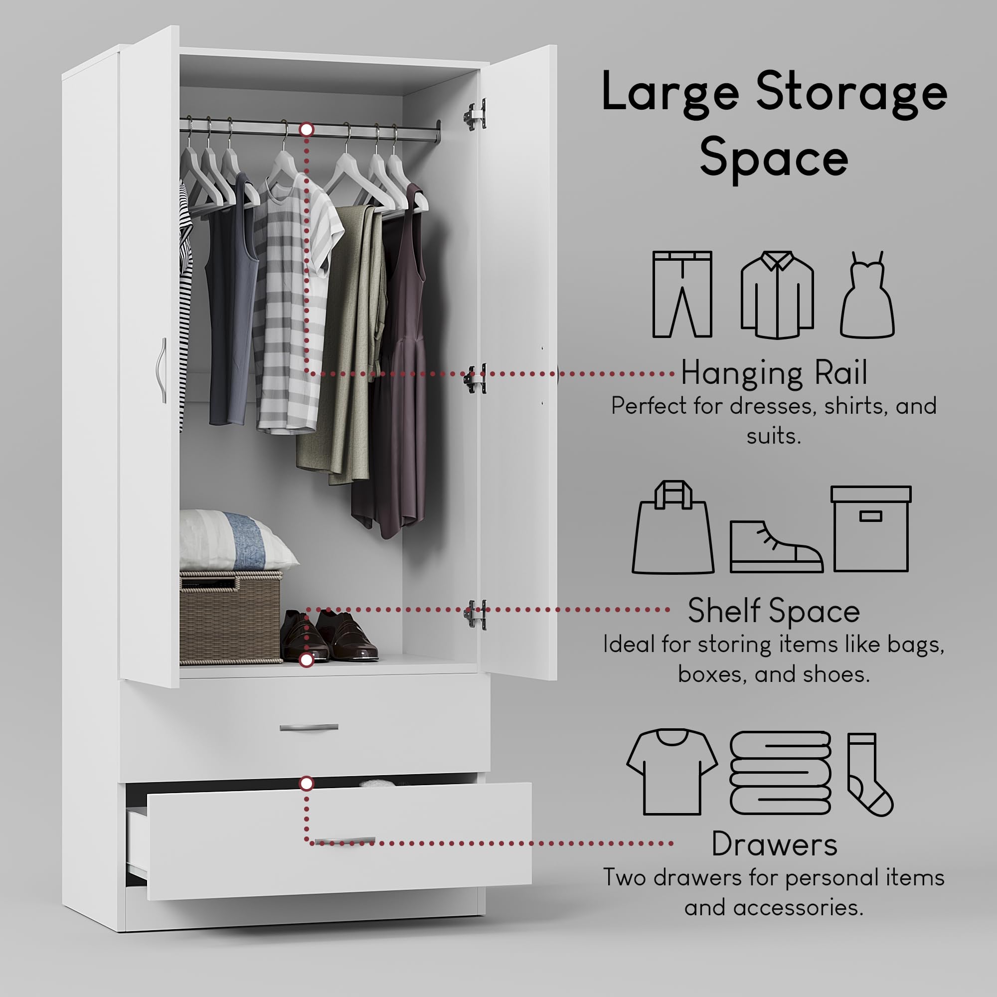 Vida Designs Riano 2 Door 2 Drawer Wardrobe - Engineered Wood, White Finish | H170 x W76 x D47 cm 5