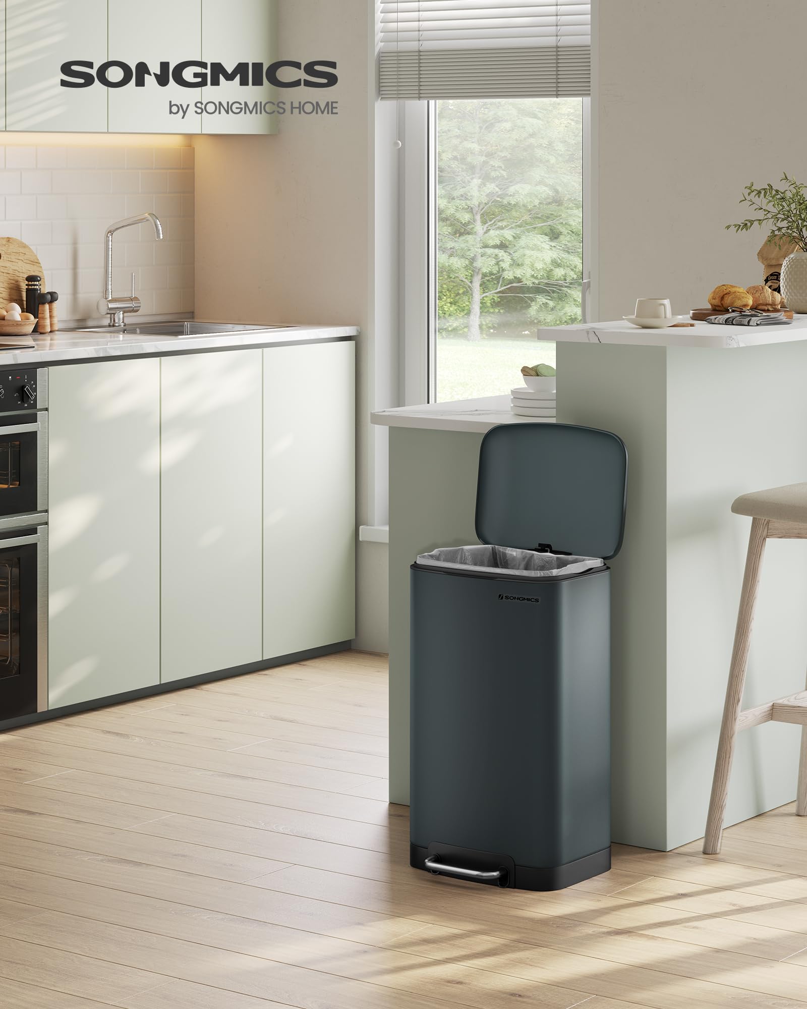 SONGMICS Kitchen Bin - 8 Gallon (30L) Steel Pedal Bin with Soft Close Lid | Greenish-Grey 2
