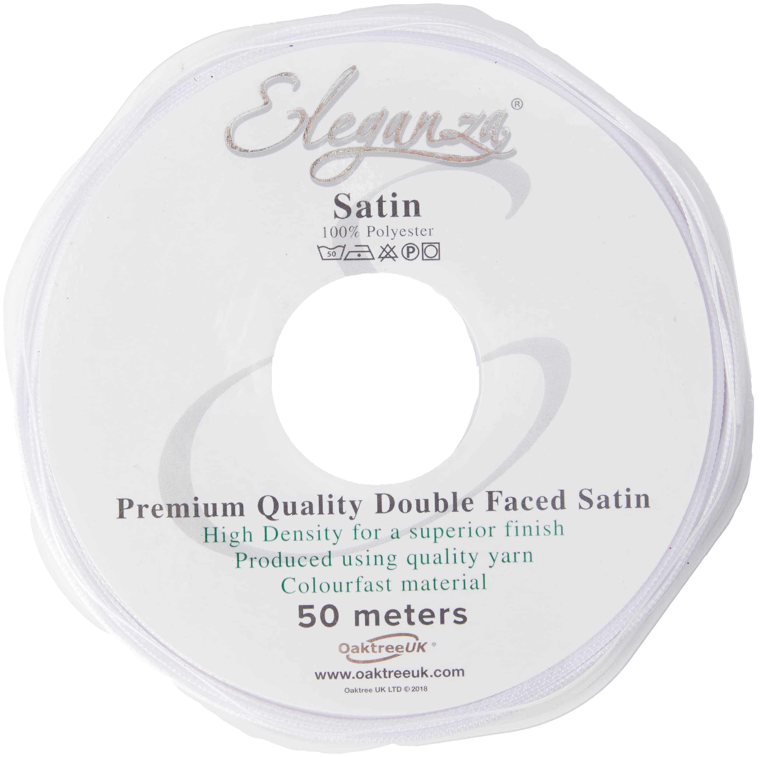 OakTree Eleganza Double Faced Satin Ribbon - 3mm x 50m White | Premium Quality | Colour Fast 1