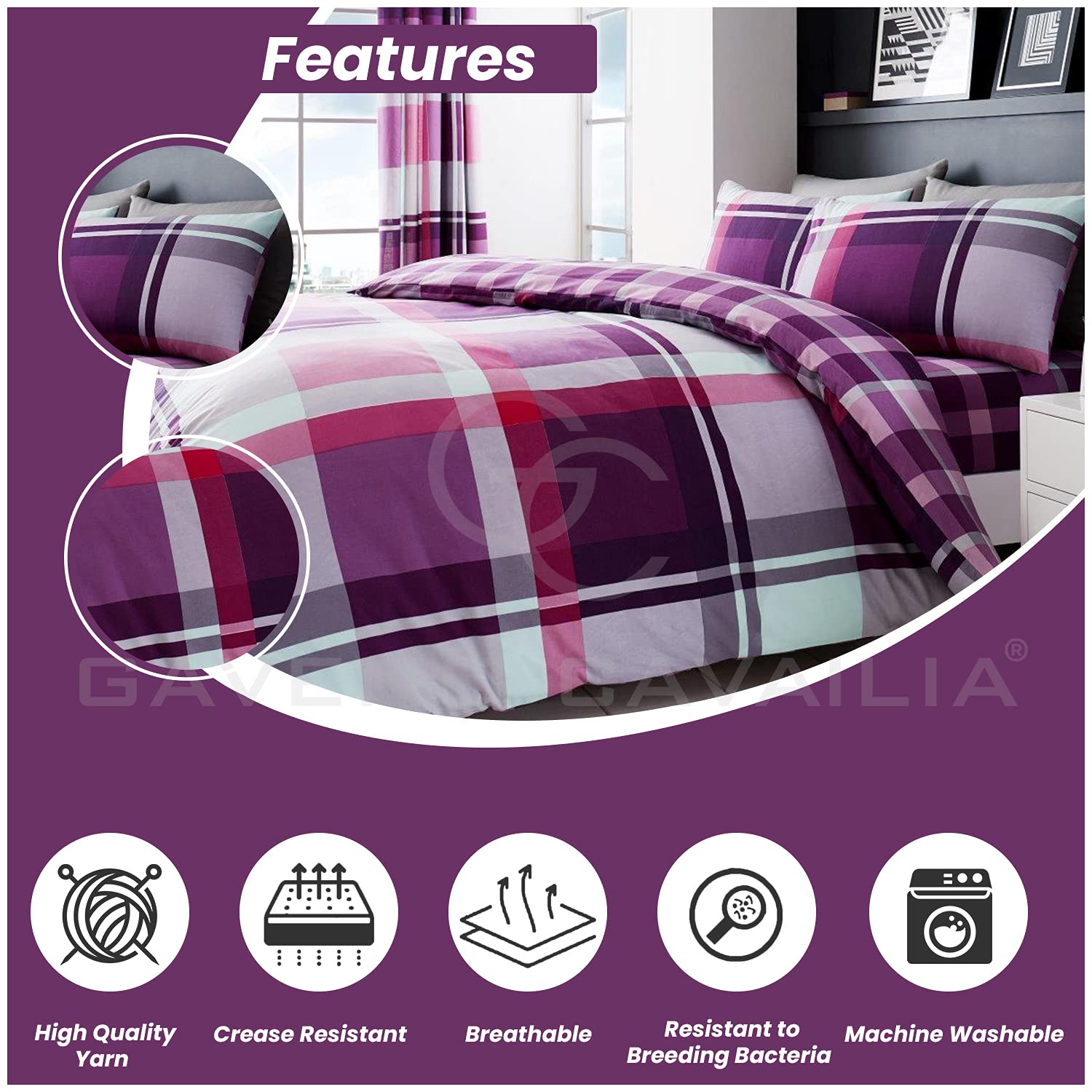 GC GAVENO CAVAILIA Checkered Polycotton Duvet Cover Set | Double Size | Purple | 50% Cotton/50% Polyester 3