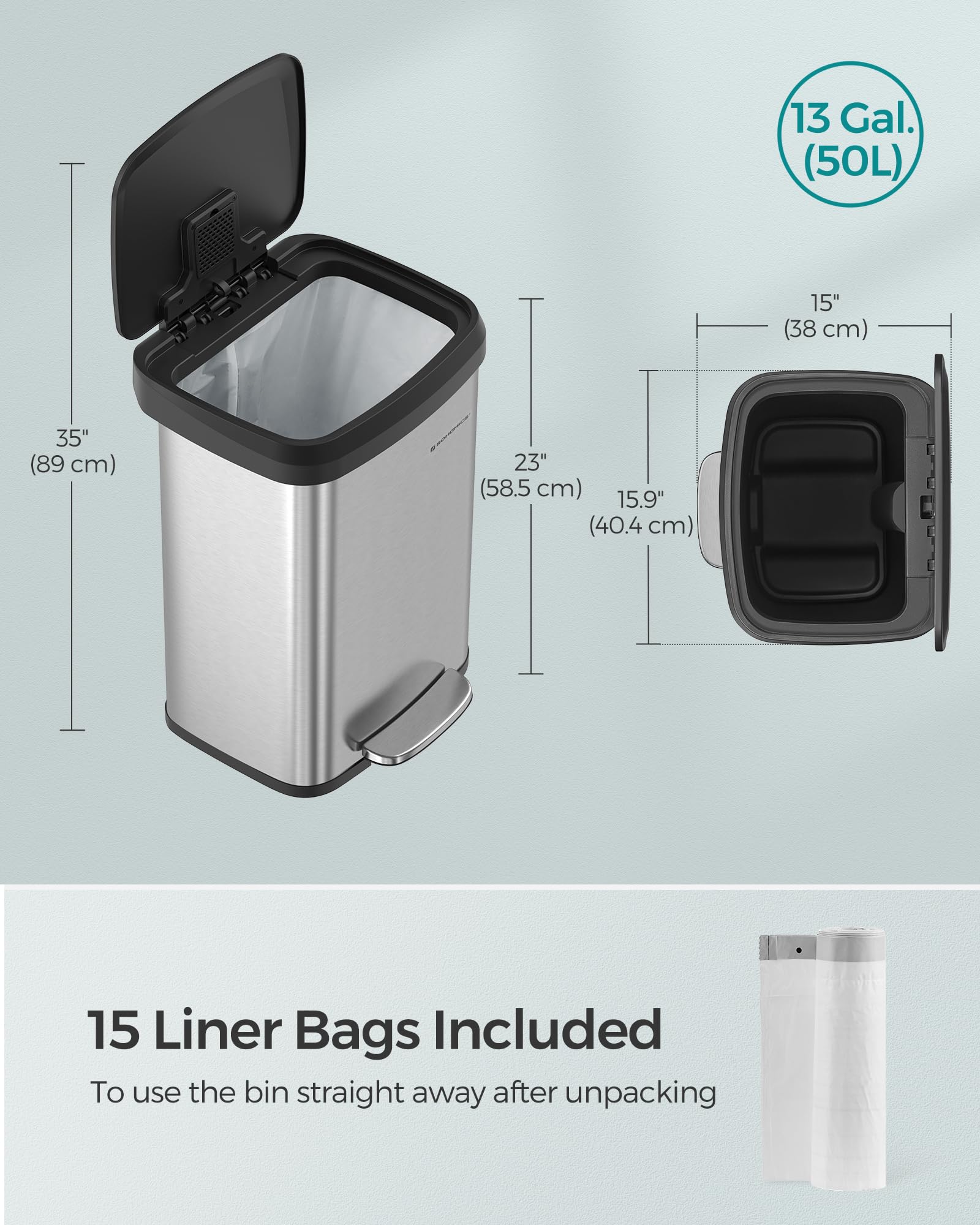 SONGMICS 50L Kitchen Bin - Metal Pedal Waste Bin | Fingerprint-Resistant | Silver + Black 4