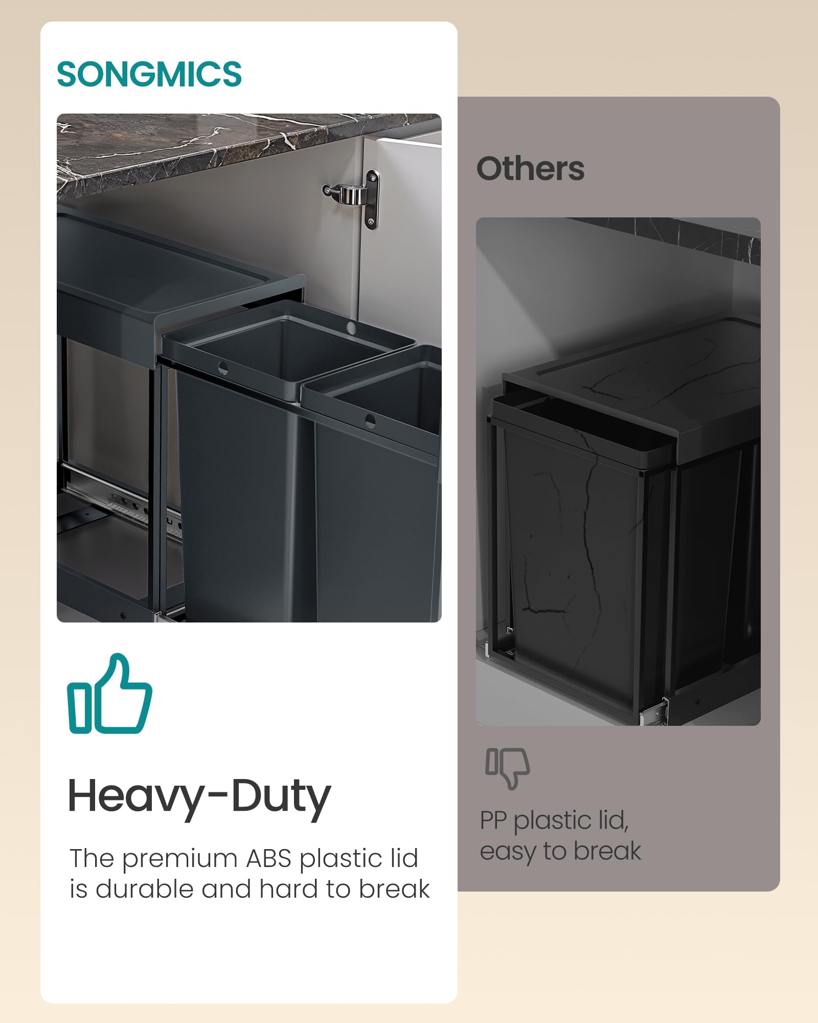 SONGMICS Built-in Kitchen Waste Separation System - 2 x 20L Bins | Grey | Alloy Steel Frame 7