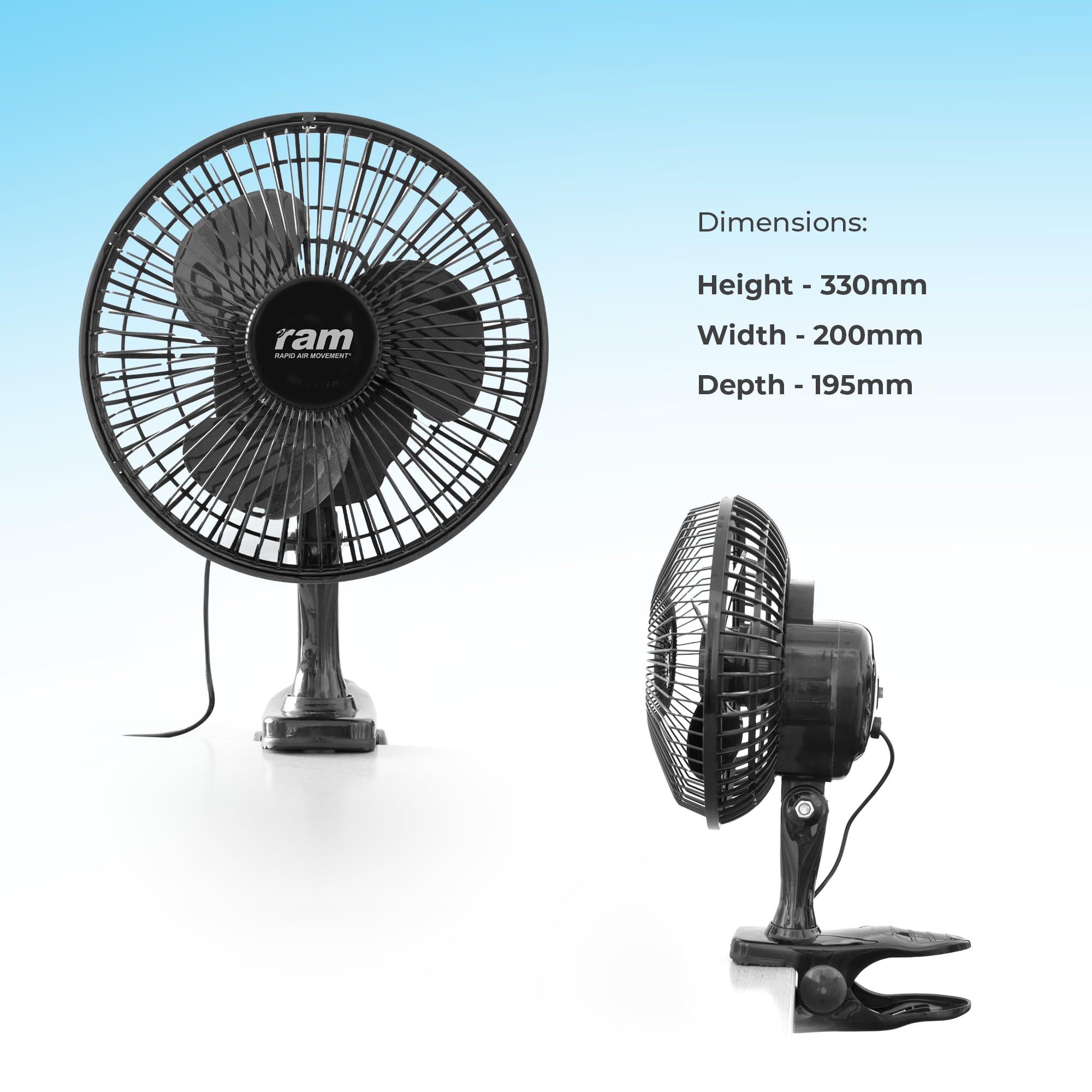 RAM Clip On Fan 15W 6 Inch Electric Desk Fan with 2 Speed Settings | Portable Black Plastic 5