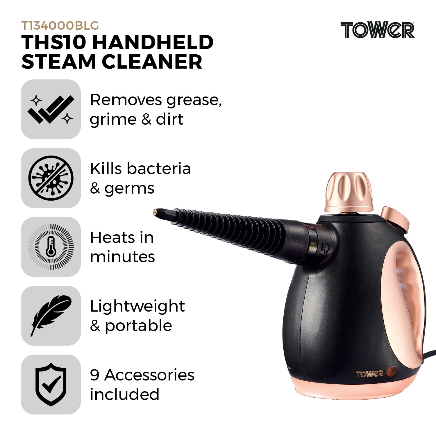 Tower Handheld Steam Cleaner - Kills 99.99% Bacteria | 1050W Power | 250ml Tank 2