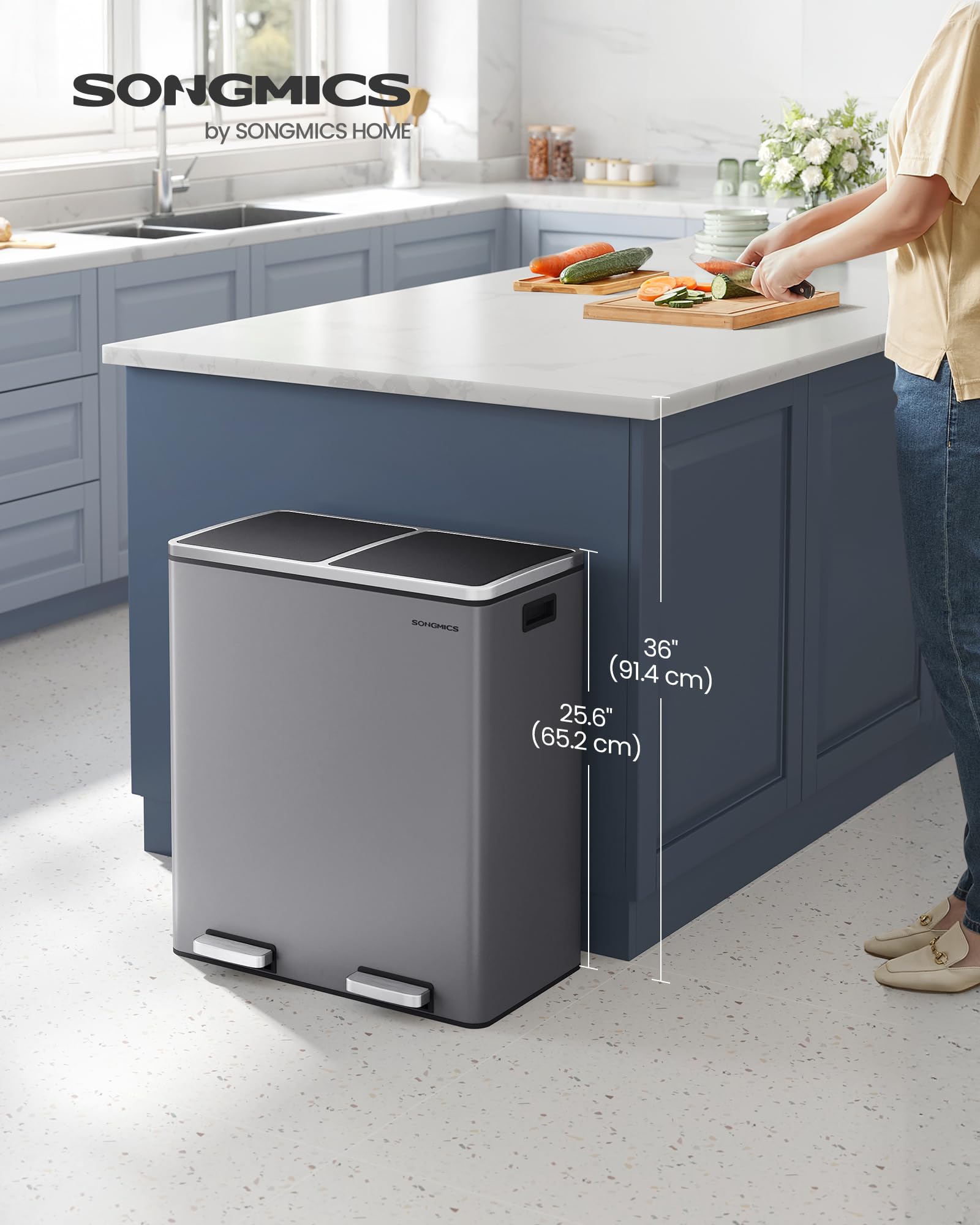 SONGMICS Dual Rubbish Bin - 2 Compartments, 2 x 30L, Soft Closure, Pedal Operated | Slate Grey 2