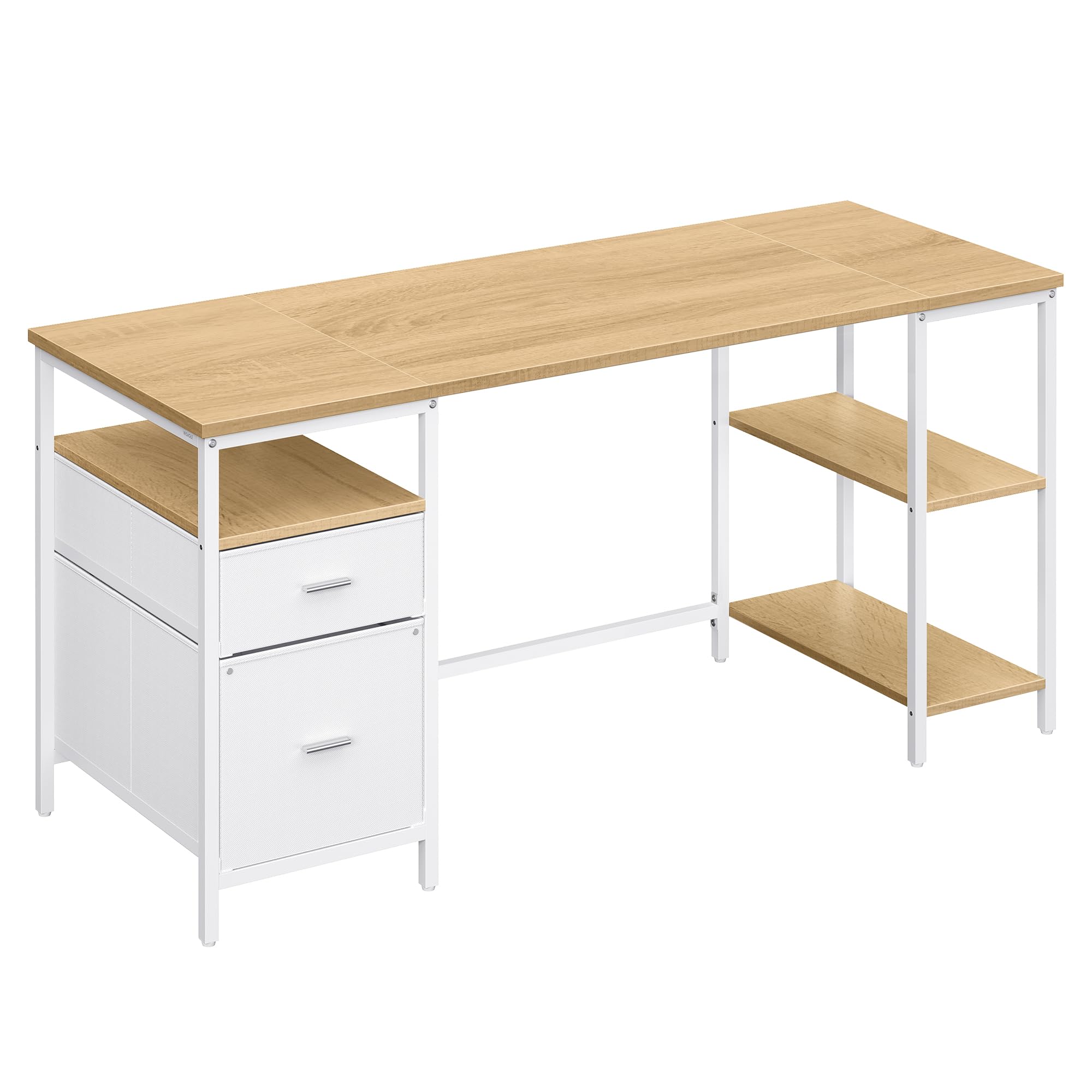 VASAGLE Computer Desk with Storage - 160 x 60 cm Workstation | 3 Shelves, 2 Drawers | Natural Oak + Cloud White
